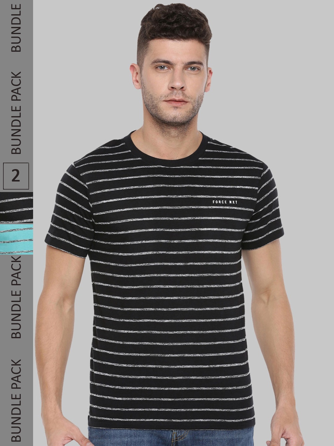 

Force NXT Pack Of 2 Striped Round Neck Cotton T-Shirt, Black