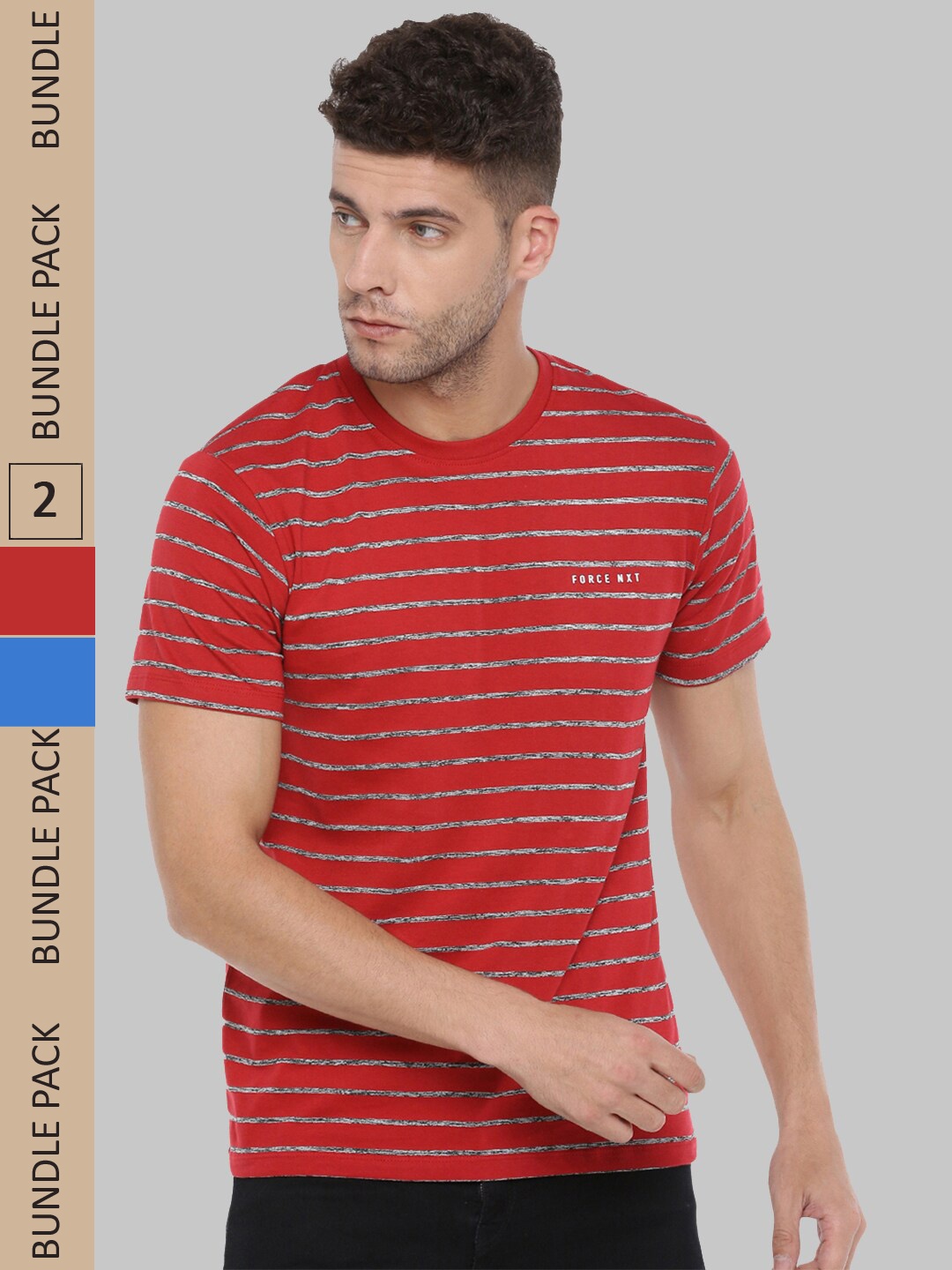 

Force NXT Pack Of 2 Striped Round Neck Cotton T-shirt, Blue