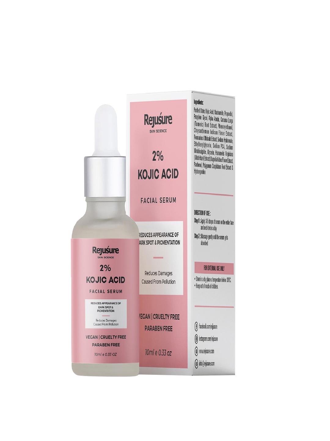 

REJUSURE 2% Kojic Acid Face Serum With Alpha Arbutin & Niacinamide 10 ml, White