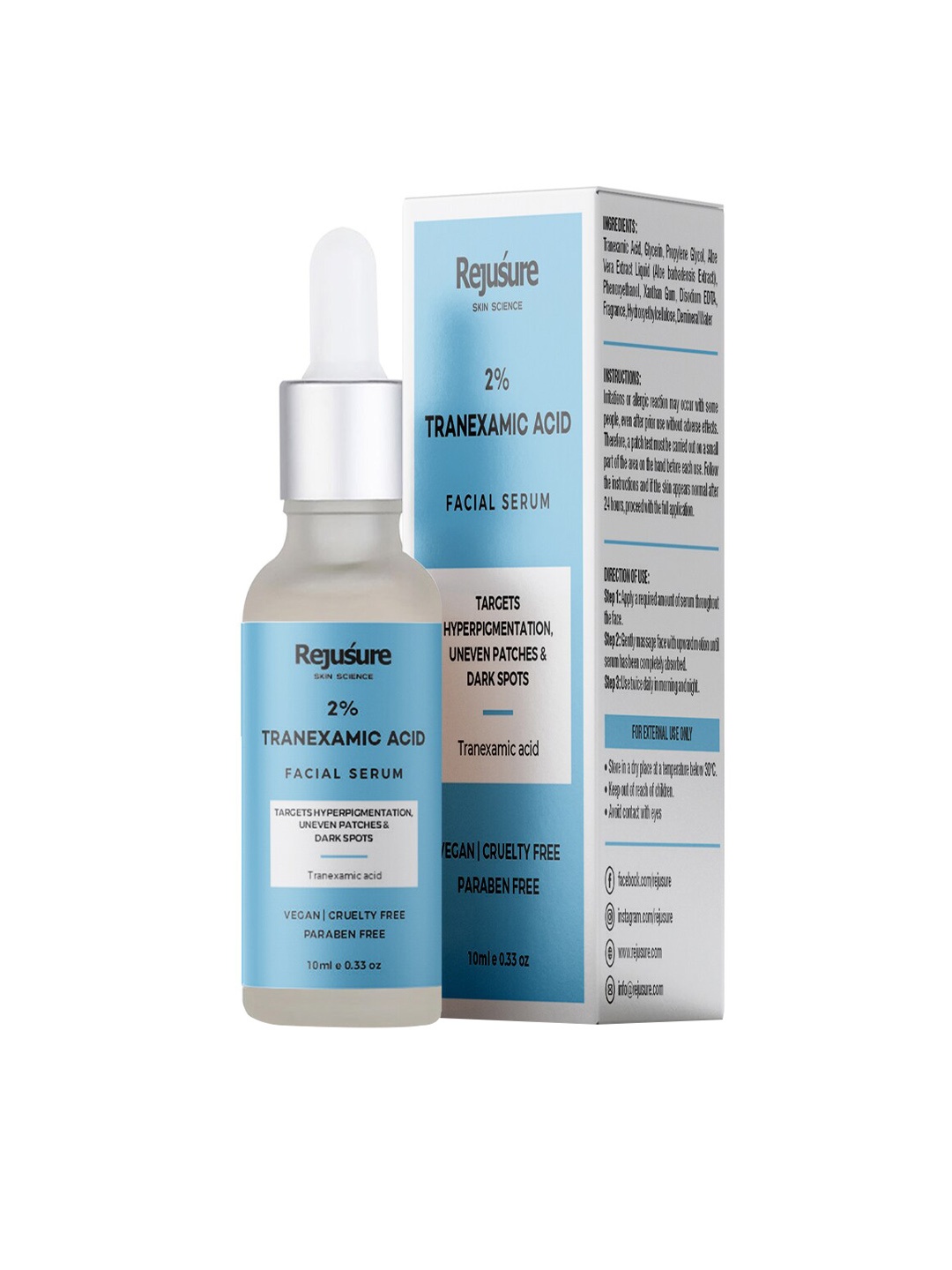 

REJUSURE 2% Tranexamic Acid Face Serum Hyperpigmentation - Uneven Patches & Dark Spots 10 ml, White