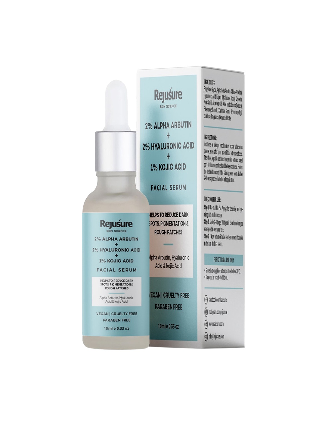

REJUSURE 2% Alpha Arbutin + 2% Hyaluronic Acid+1% Kojic Acid Face Serum- 10ml, White