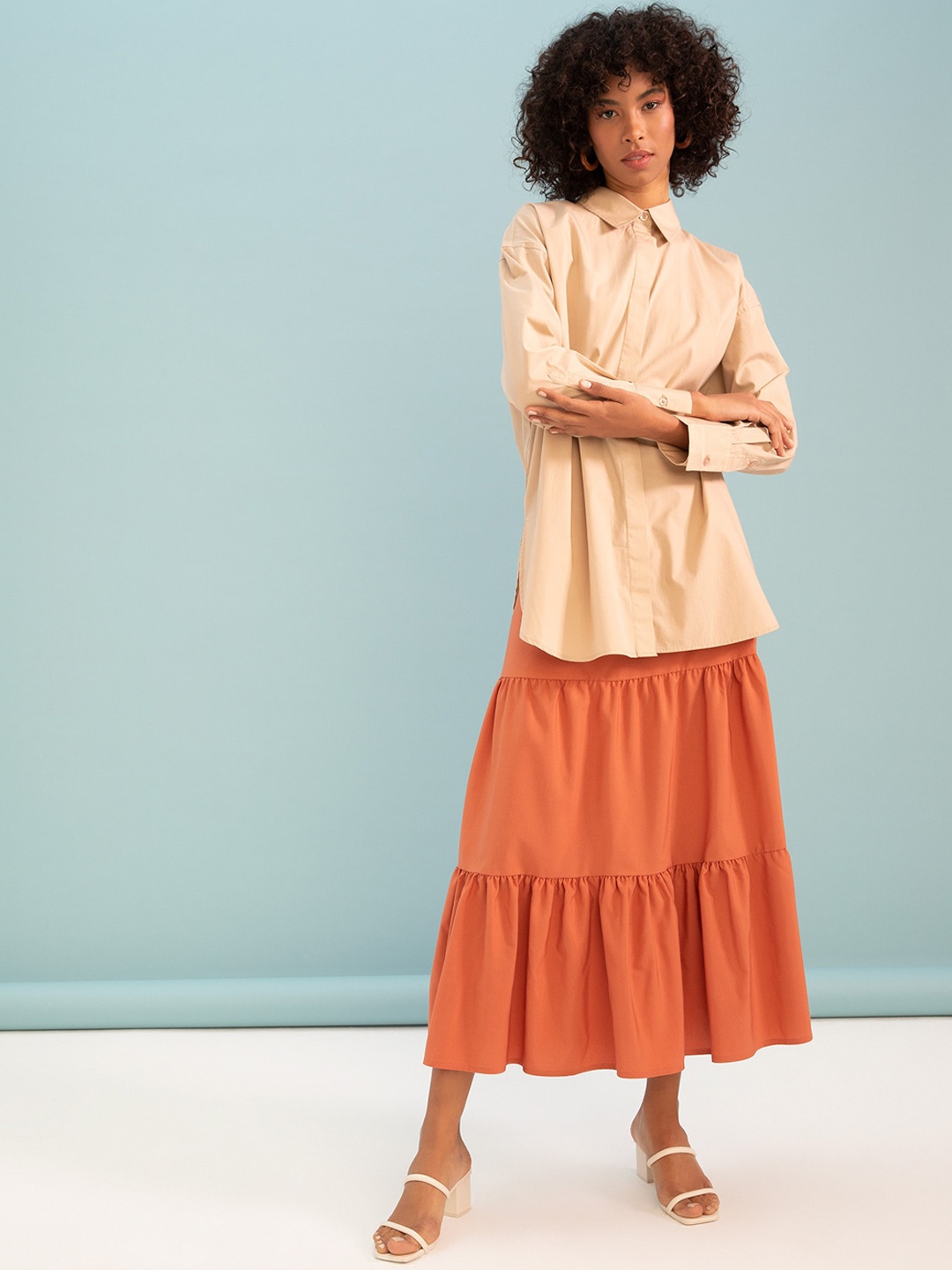 

DeFacto Mid Rise Tiered Midi Skirt, Rust
