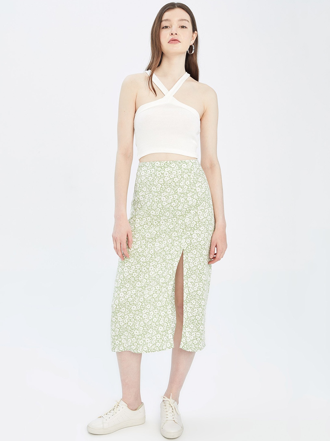 

DeFacto Mid Rise Floral Printed Front Slit Midi Skirt, Sea green