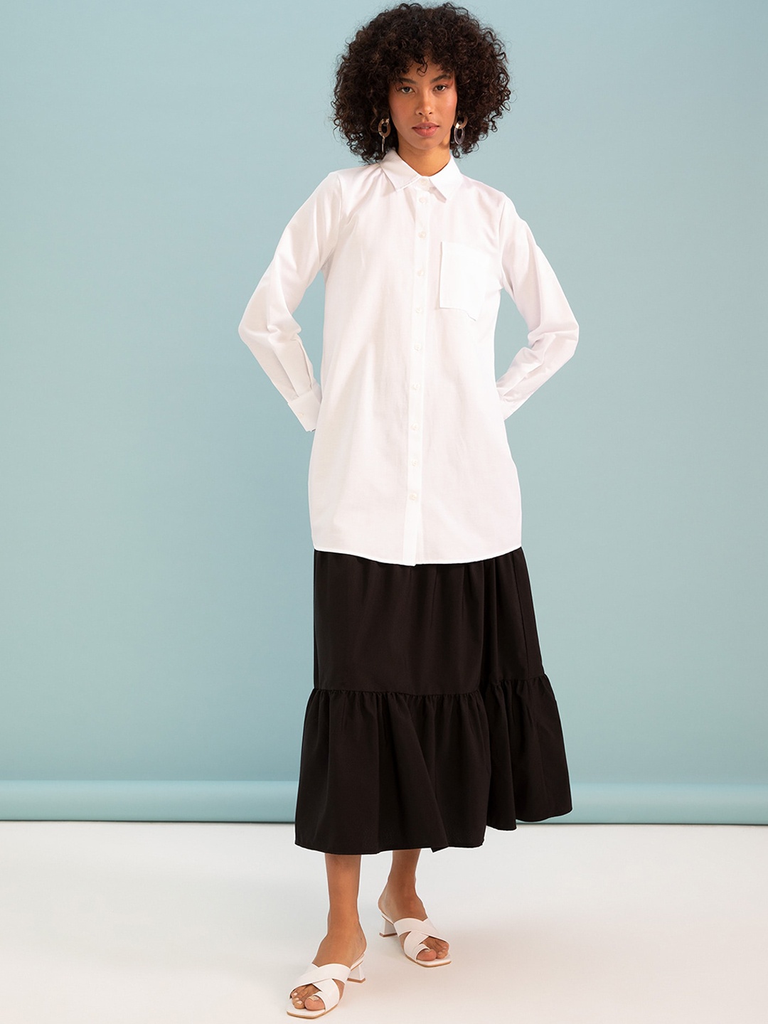 

DeFacto Mid Rise Tiered Midi A-Line Skirt, Black