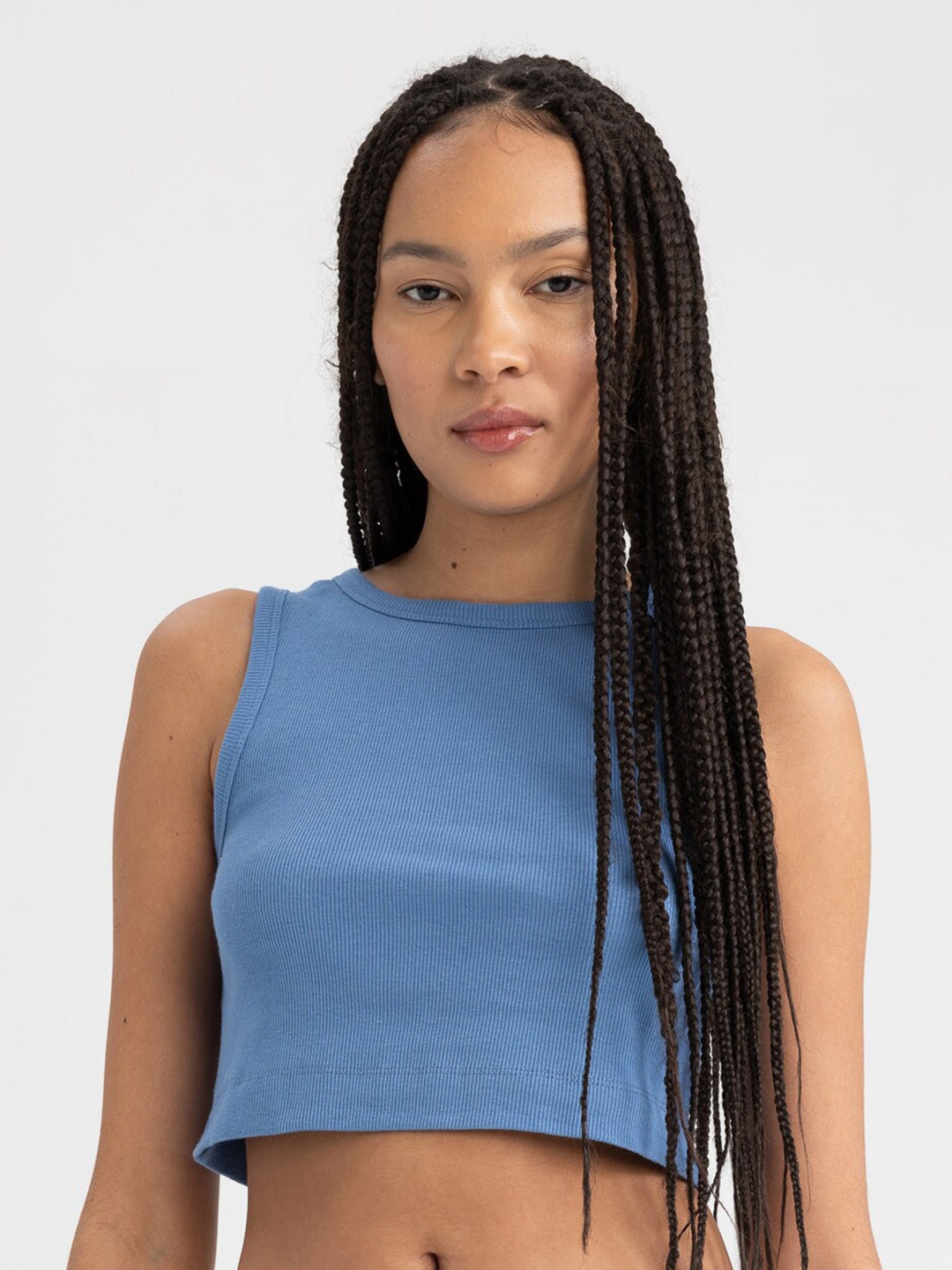 

DeFacto Round Neck Sleeveless Crop Top, Blue