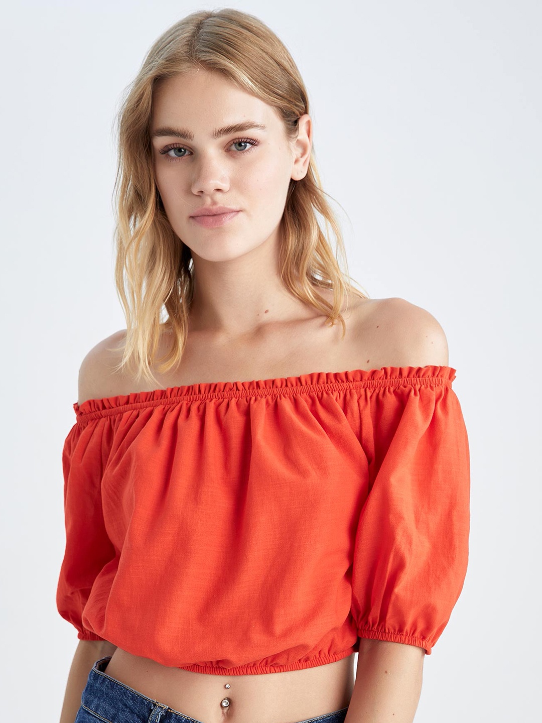 

DeFacto Off-Shoulder Puff Sleeves Pure Cotton Bardot Crop Top, Orange