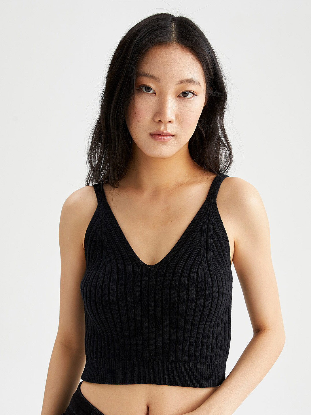

DeFacto Self Design Shoulder Straps Crop Pure Cotton Top, Na