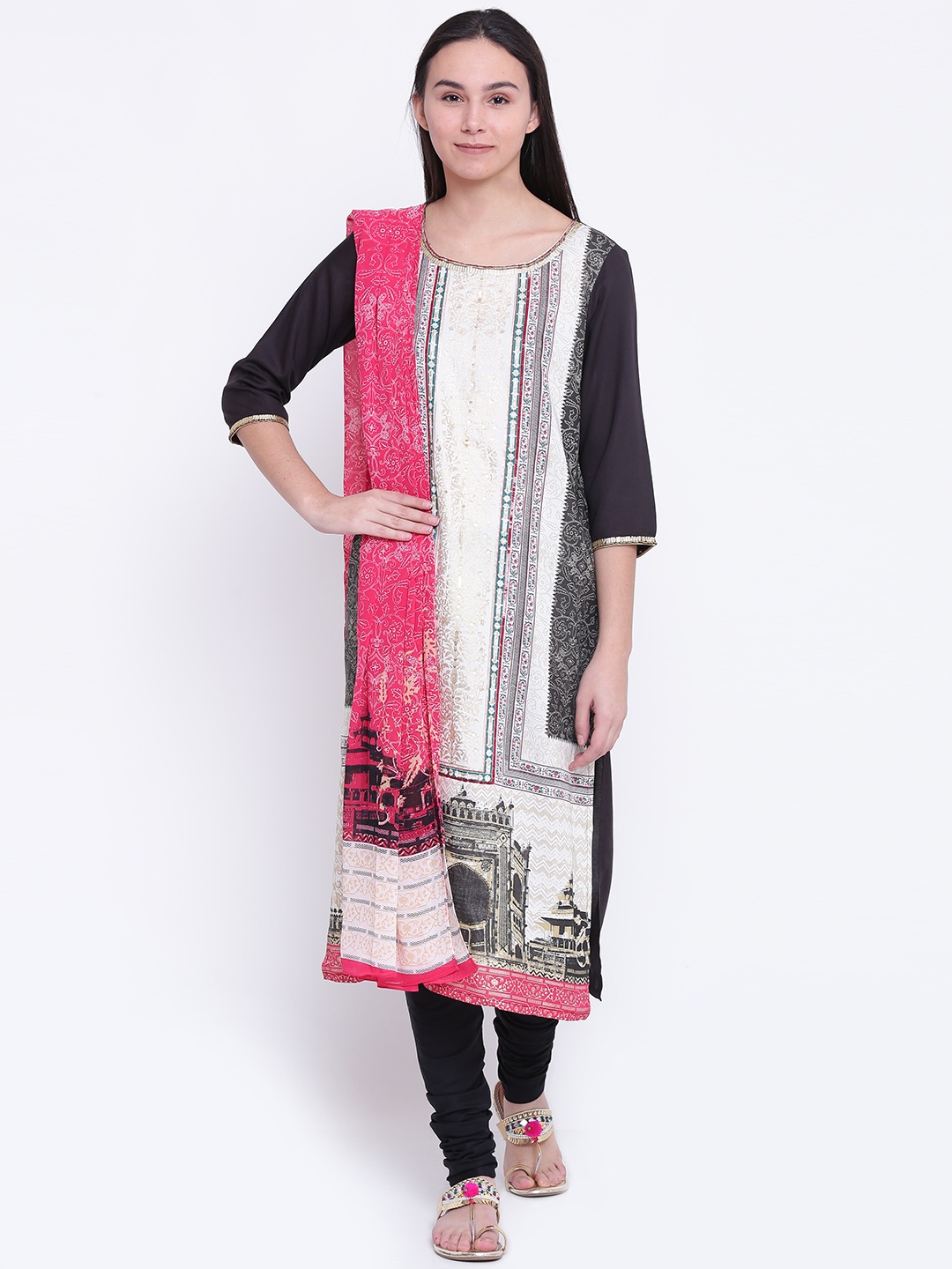 

AURELIA Women Cream-Coloured & Black Printed Kurta with Churidar & Dupatta