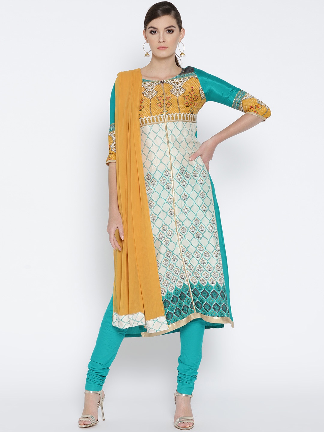 

AURELIA Women Green & White Printed Straight Kurta with Churidar & Dupatta