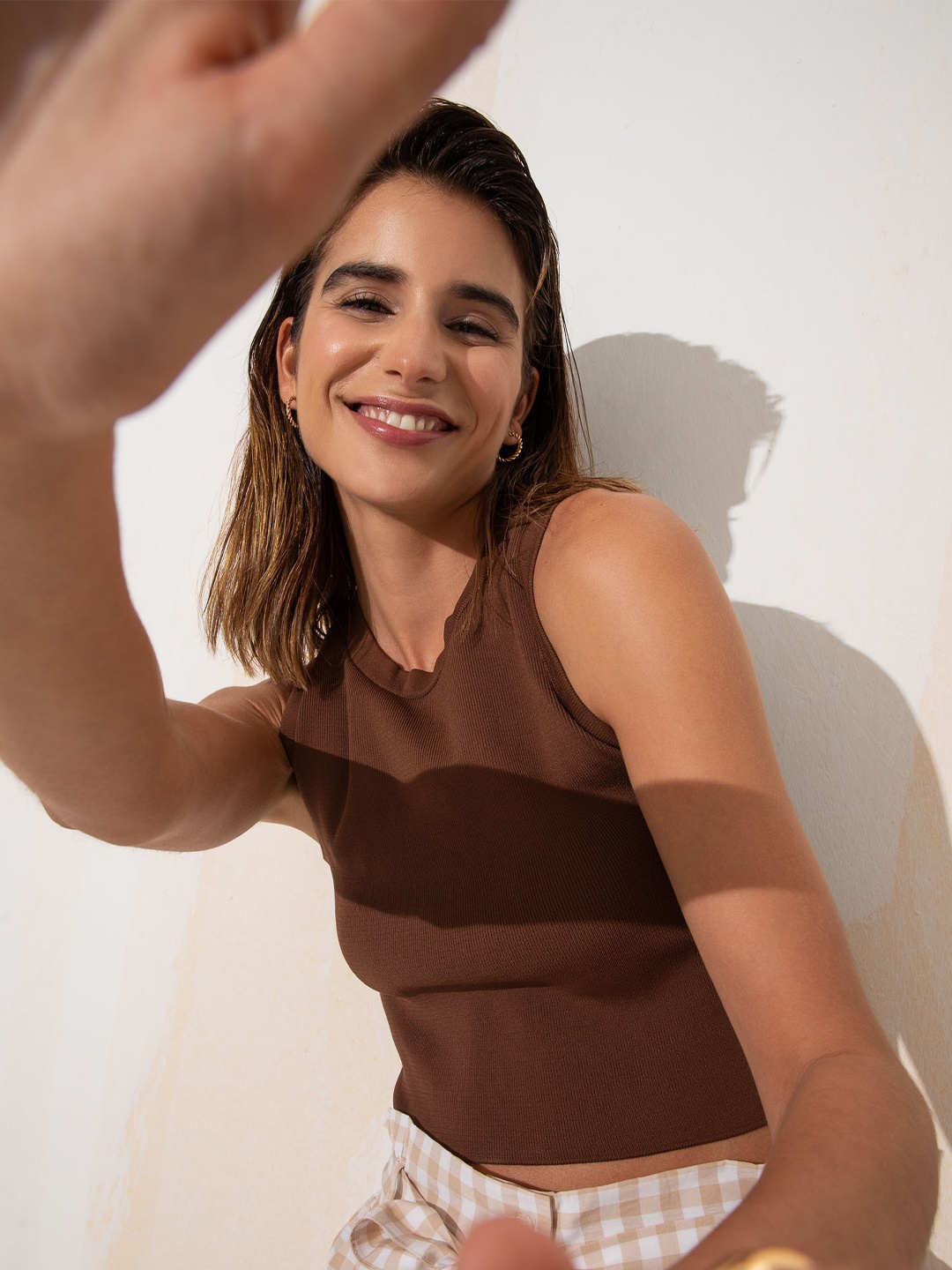 

DeFacto Sleeveless Tie-Up Styled Back Fitted Top, Brown