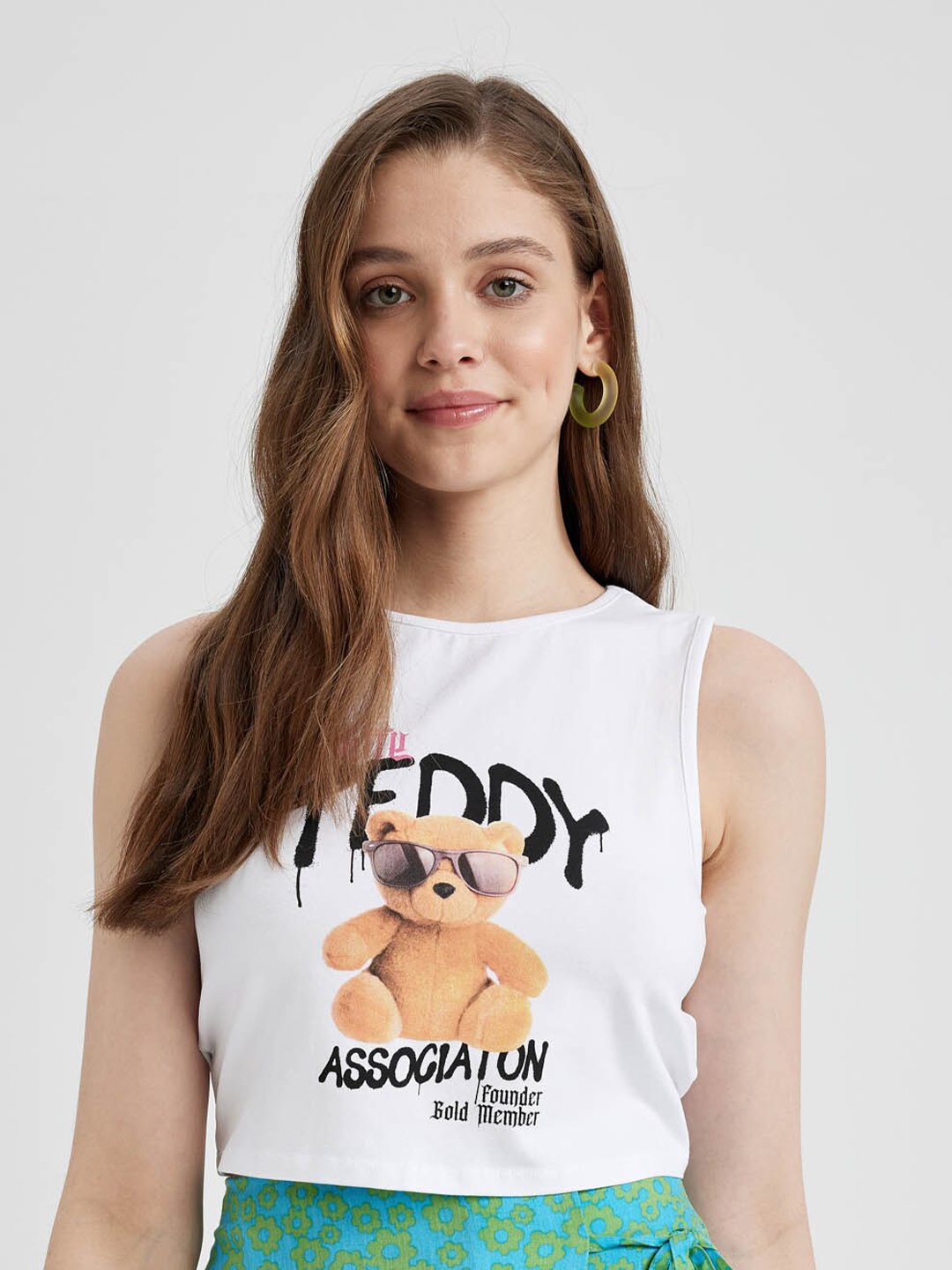 DeFacto Sleeveless Printed Stylized Back Crop Top, White