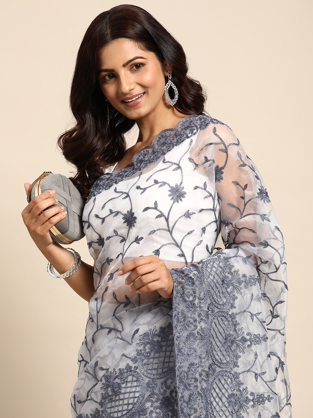 

Mitera Floral Embroidered Organza Saree, Grey