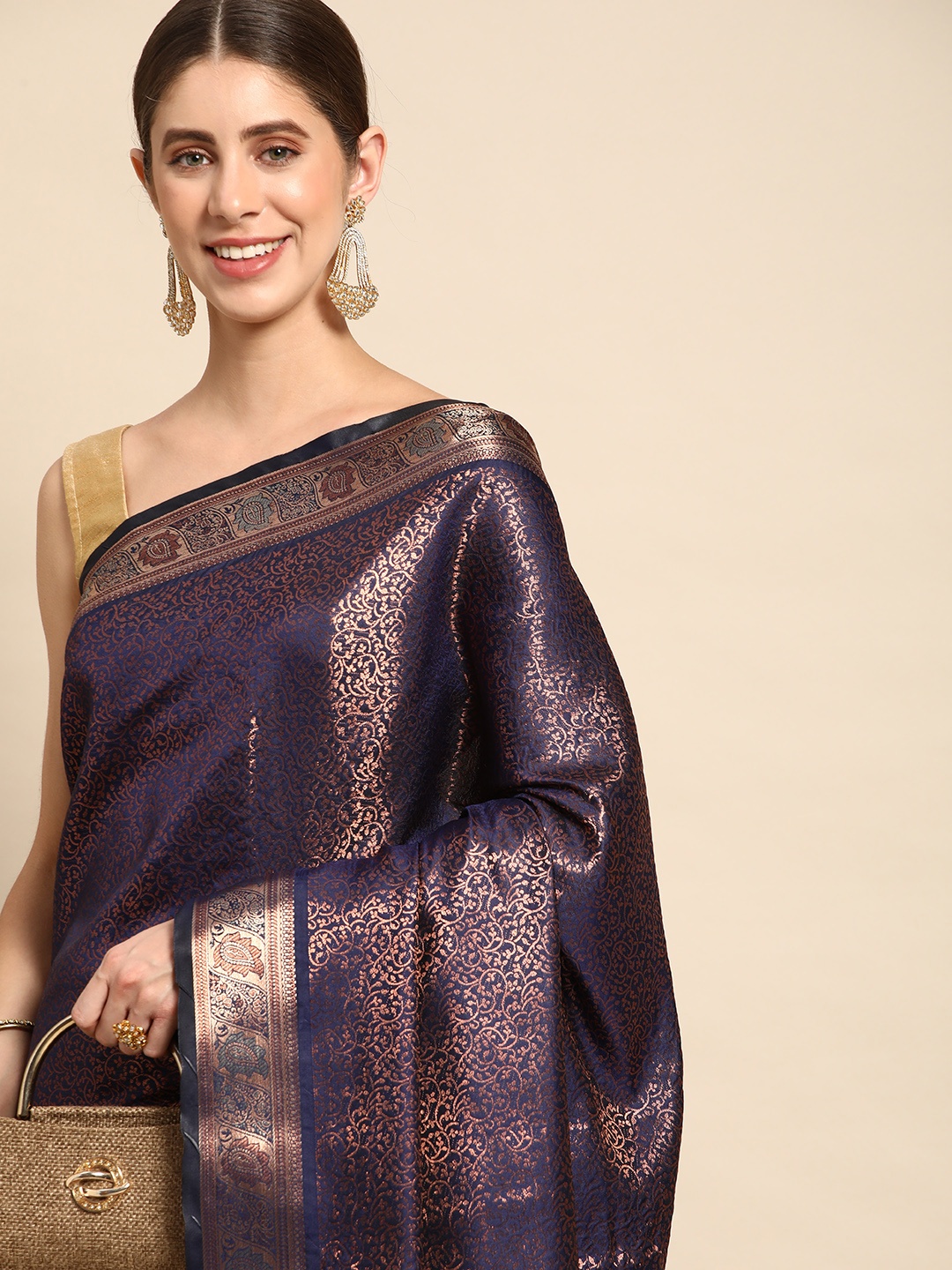 

Mitera Woven Design Zari Silk Blend Handloom Kanjeevaram Saree, Navy blue