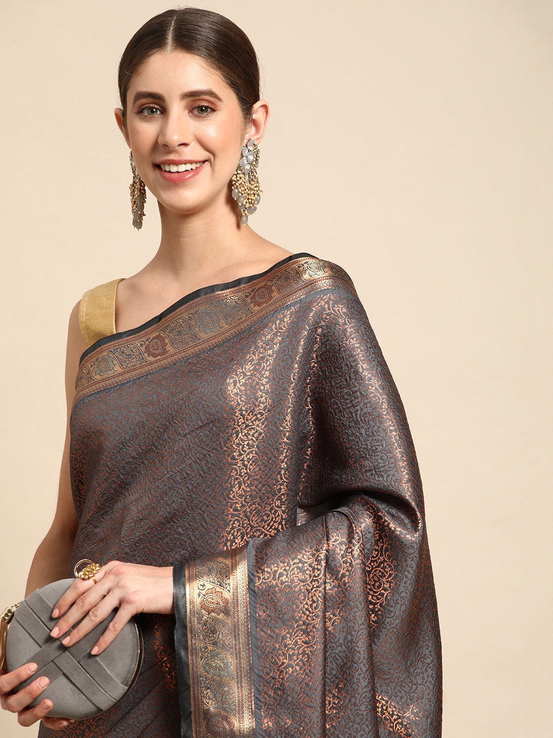 

Mitera Woven Design Zari Silk Blend Handloom Kanjeevaram Saree, Charcoal
