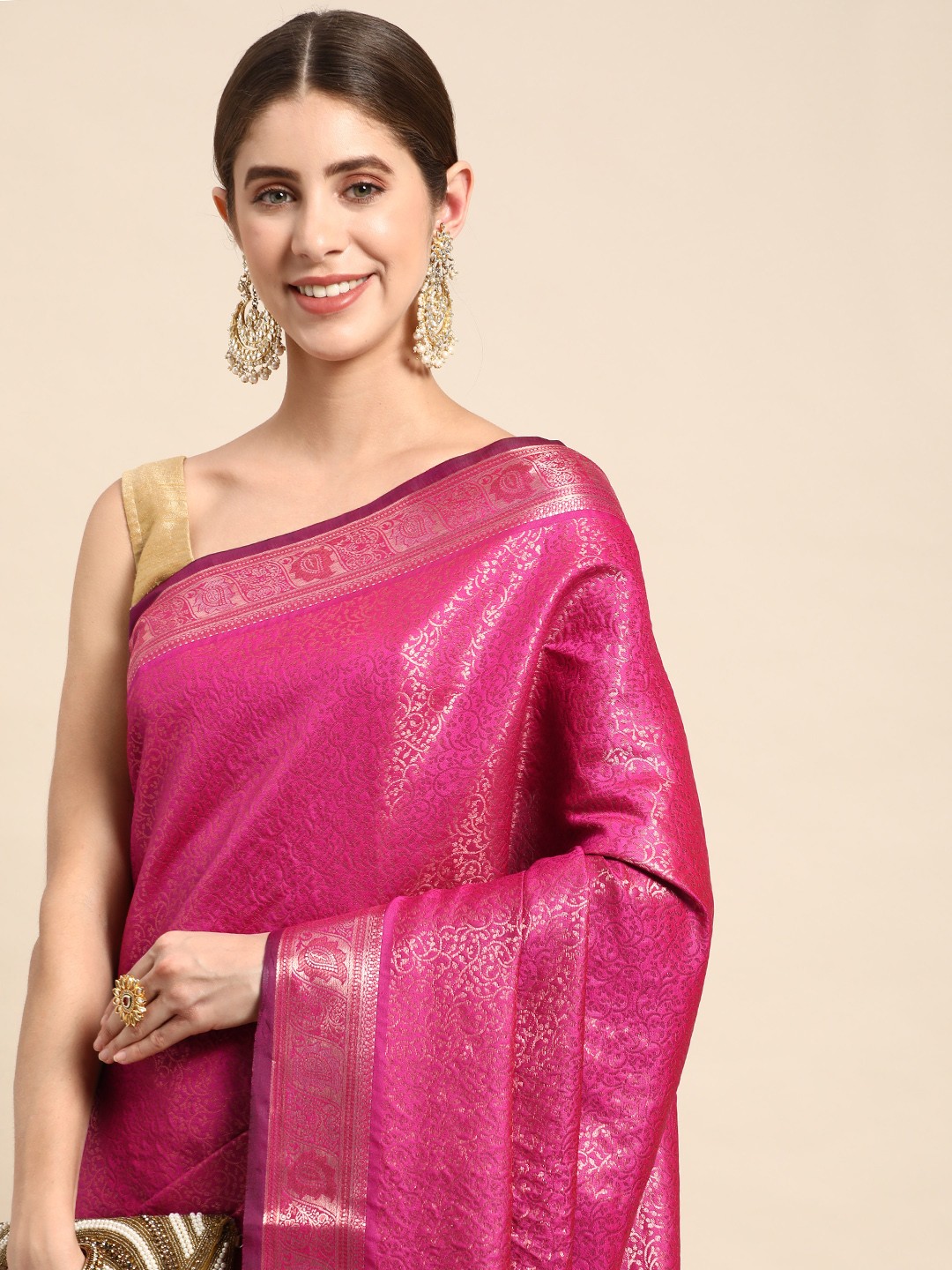 

Mitera Woven Design Zari Silk Blend Handloom Kanjeevaram Saree, Pink