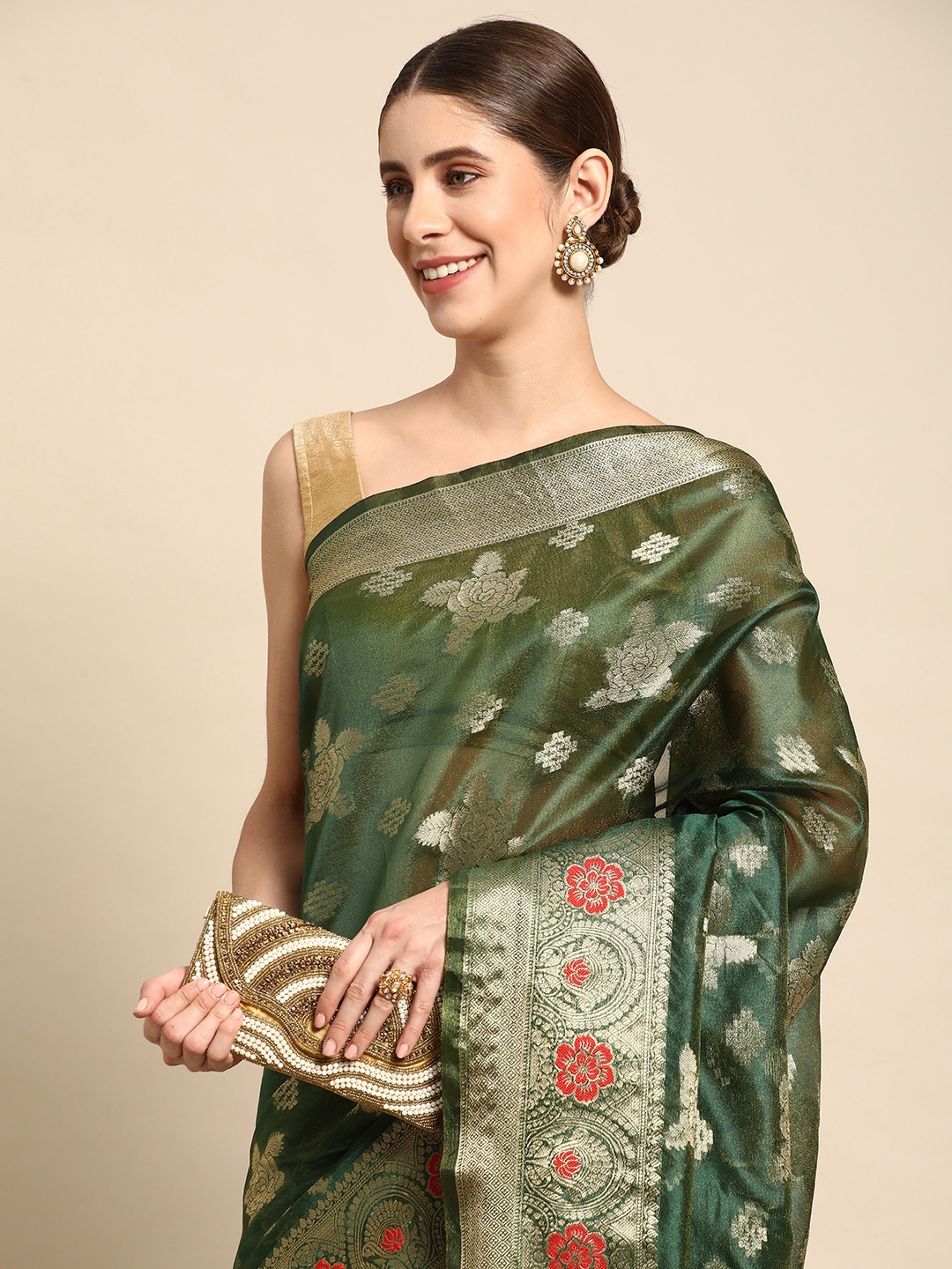 

Mitera Floral Zari Kanjeevaram Saree, Teal