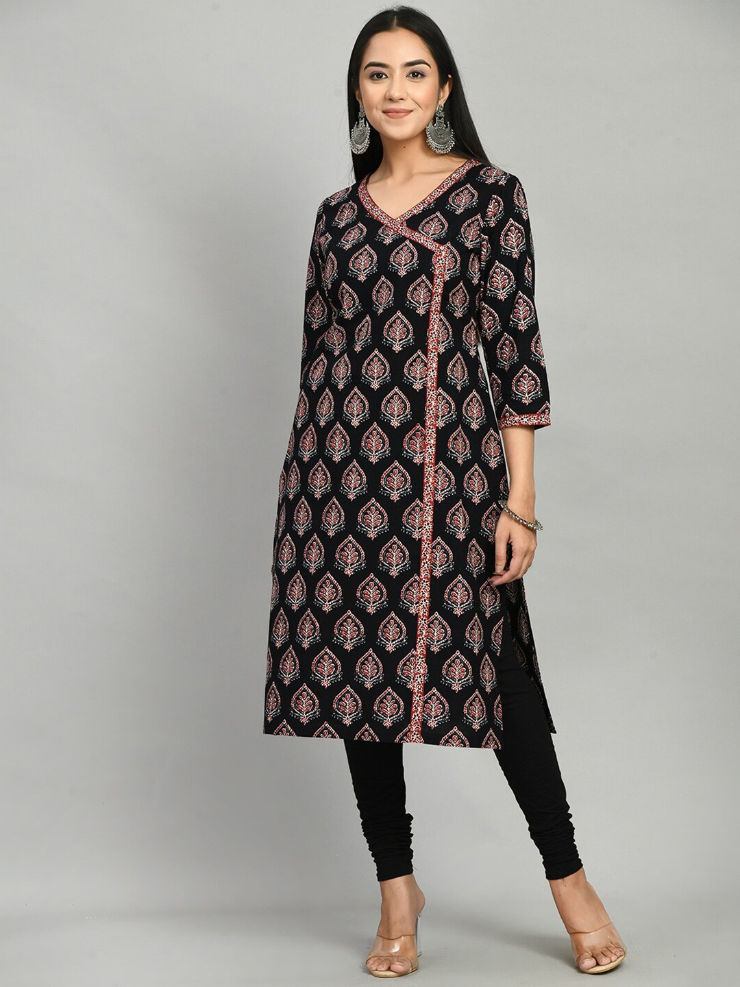 

MEESAN Ethnic Motifs Printed Sequined V-Neck Pure Cotton Angrakha Kurta, Black