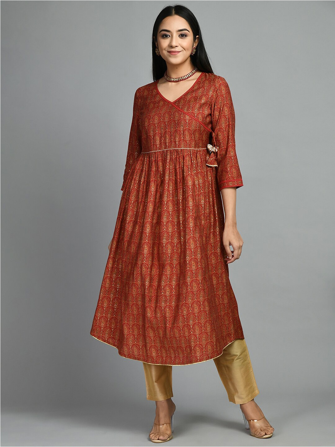 

MEESAN V-Neck Ethnic Motifs Printed Anarkali Angrakha Modal Kurta, Rust