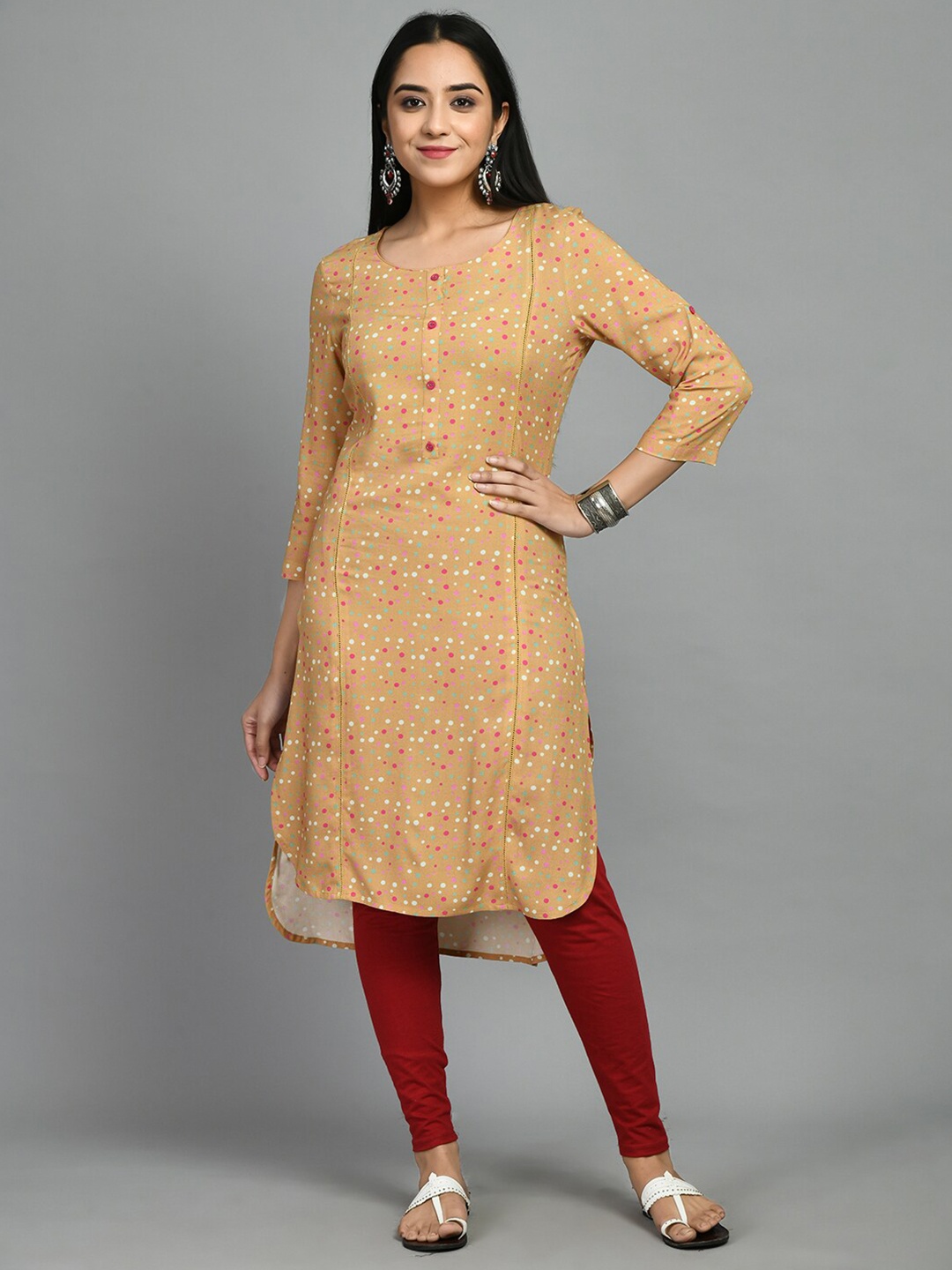 

MEESAN Printed Paneled High Low Kurta, Mustard