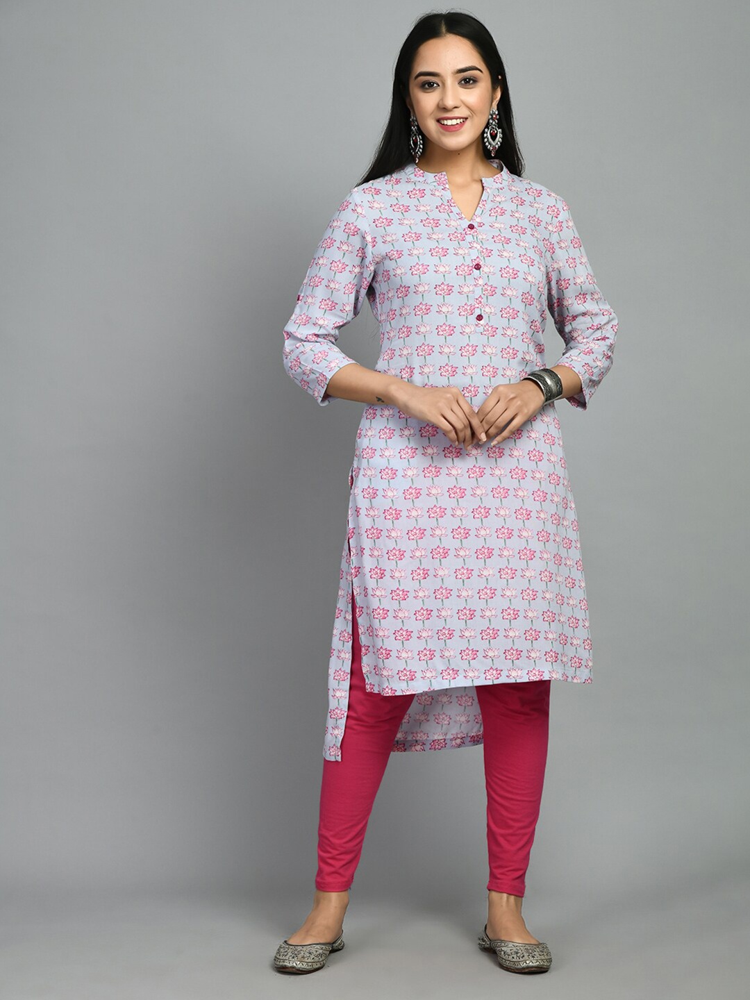 

MEESAN Floral Printed Band Collar High-Low Straight Kurta, Turquoise blue