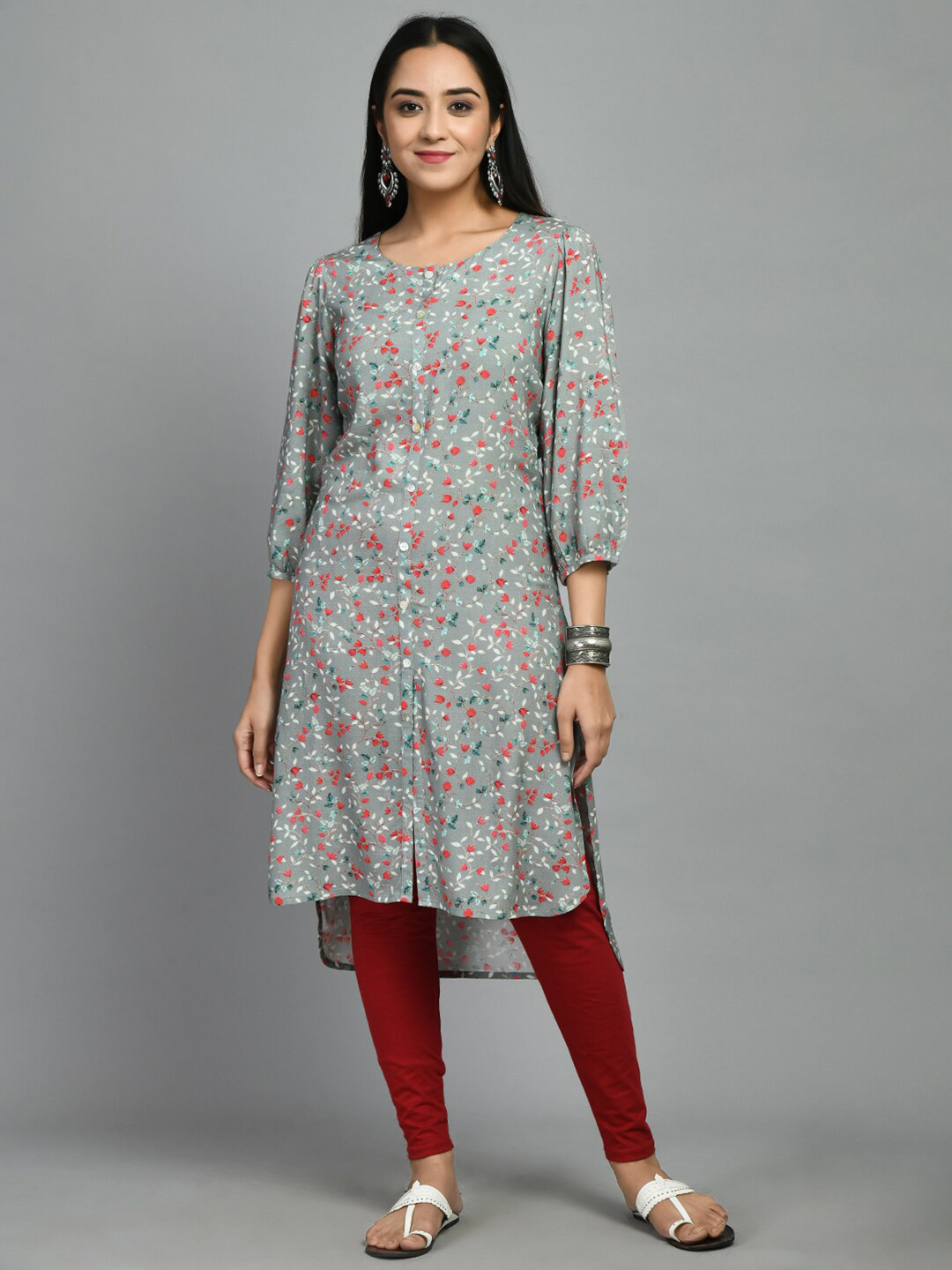 

MEESAN Round Neck Floral Printed Straight Kurta, Grey