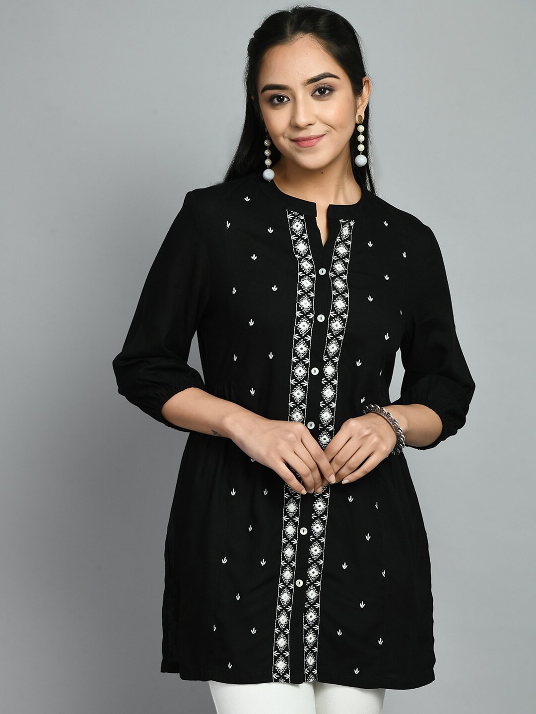 

MEESAN Floral Embroidered Mandarin Collar Tunic, Black