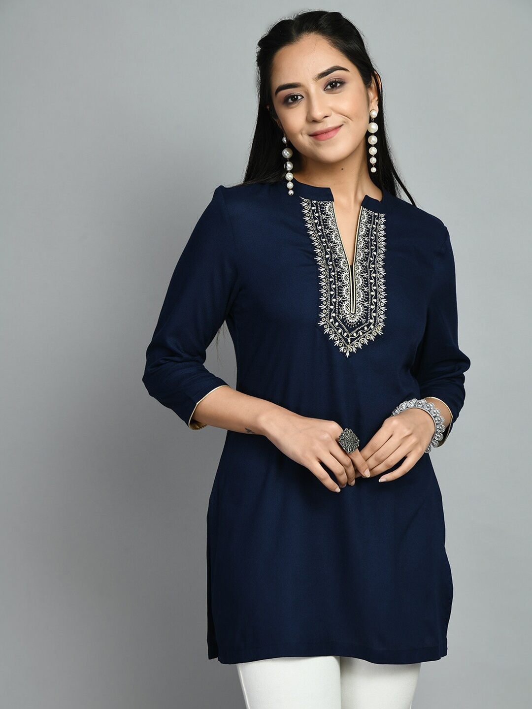 

MEESAN Floral Embroidered Mandarin Collar Tunic, Navy blue