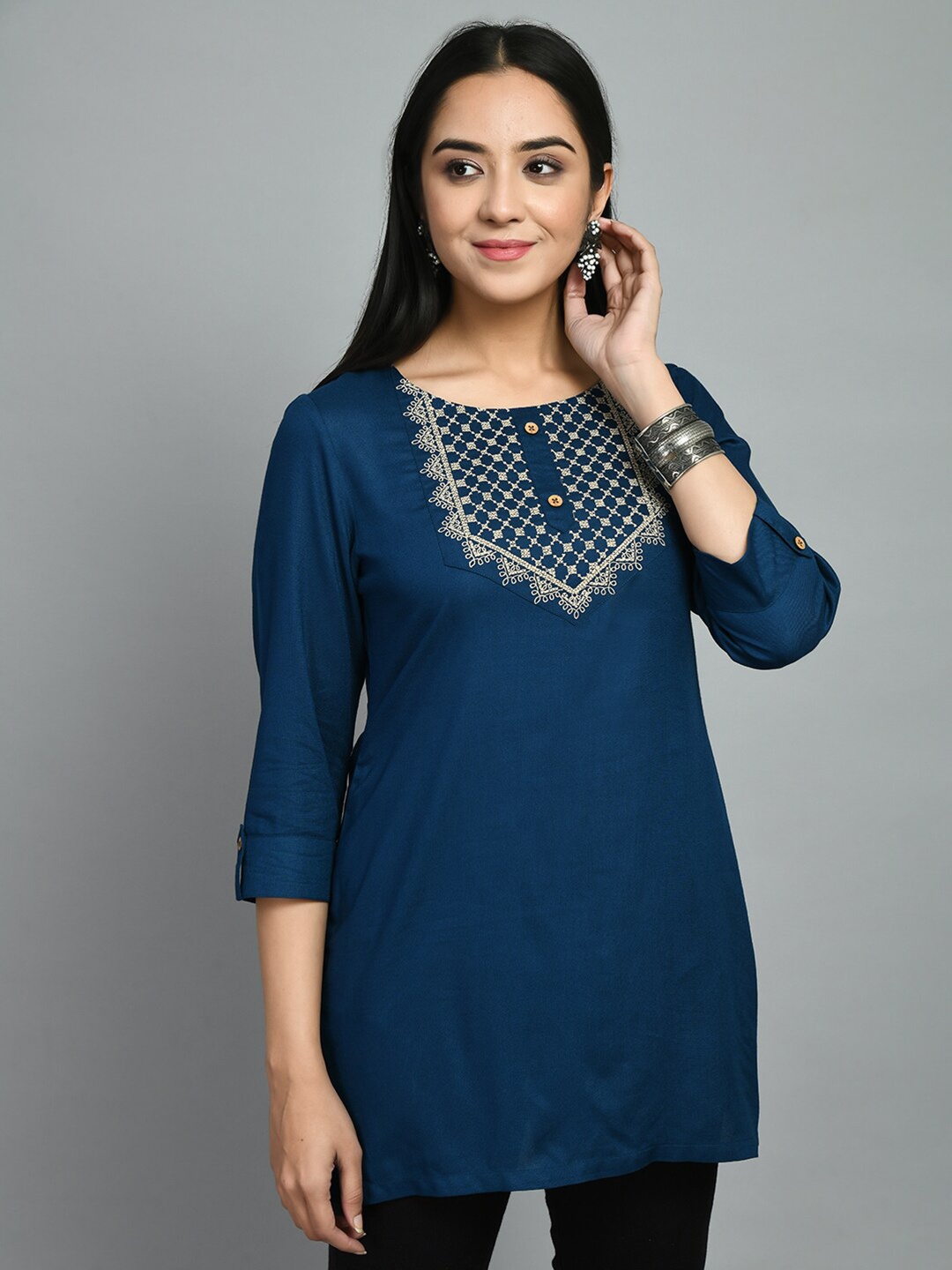 

MEESAN Ethnic Motif Embroidered Tunic, Teal