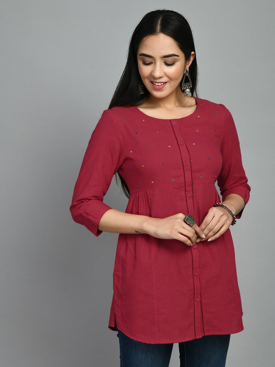 

MEESAN Embroidered Round Neck Tunic With Curved Hem, Magenta