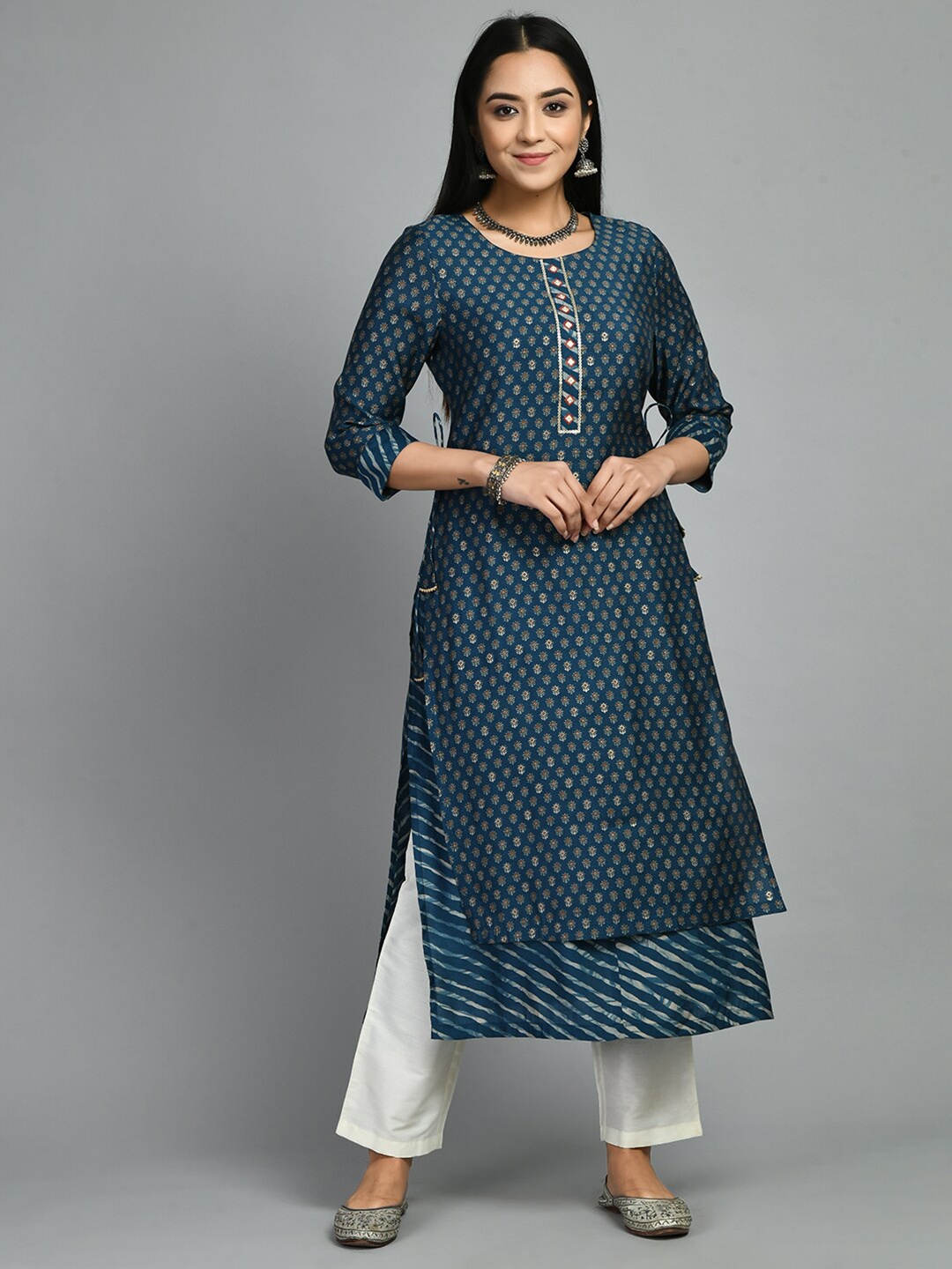 

MEESAN Ethnic Motifs Printed Round Neck Layered Straight Kurta, Teal