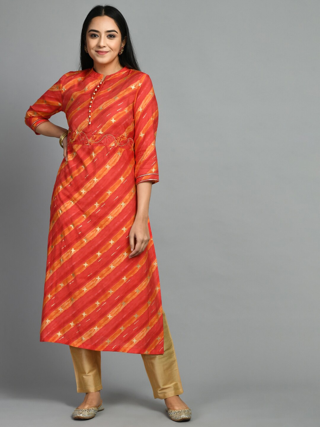 

MEESAN Mandarin Collar Striped Printed Embroidered Modal Straight Kurta, Orange