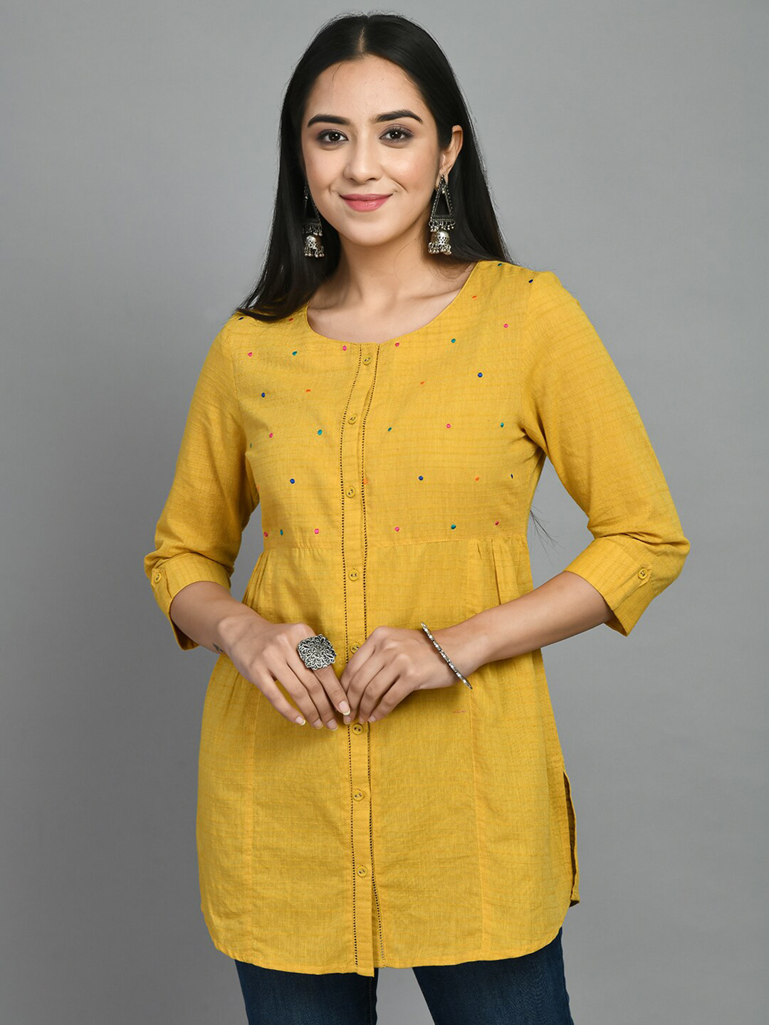 

MEESAN Cotton Round Neck Tunics, Mustard