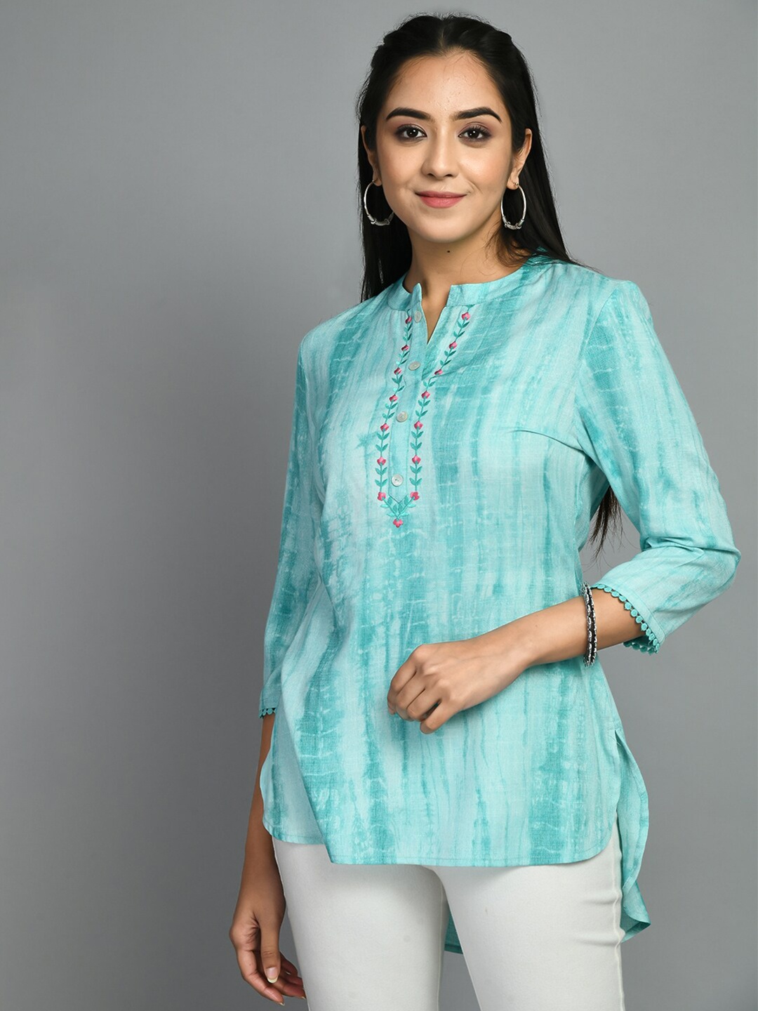 

MEESAN Abstract Printed Mandarin Collar Tunic, Blue