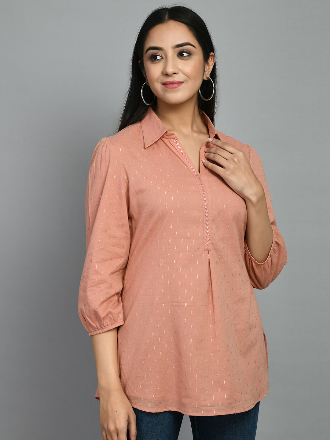 

MEESAN Geometric Printed Shirt Collar Cotton Tunic, Peach