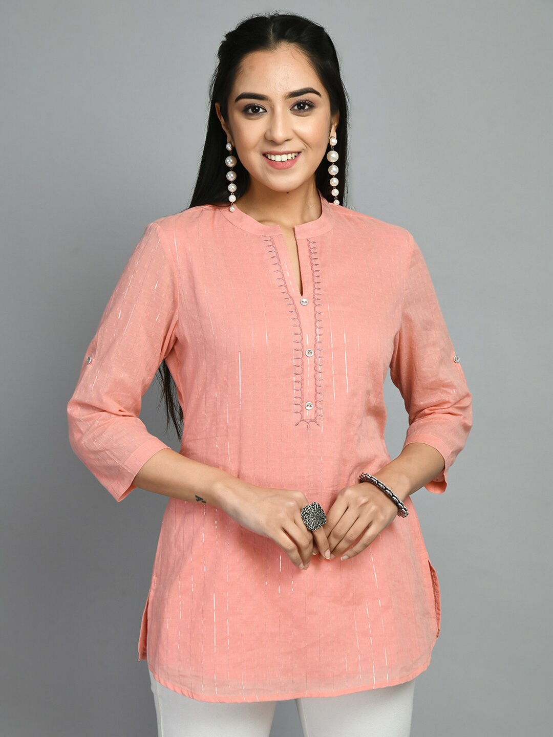

MEESAN Embroidered Cotton Mandarin Collar Tunic, Peach
