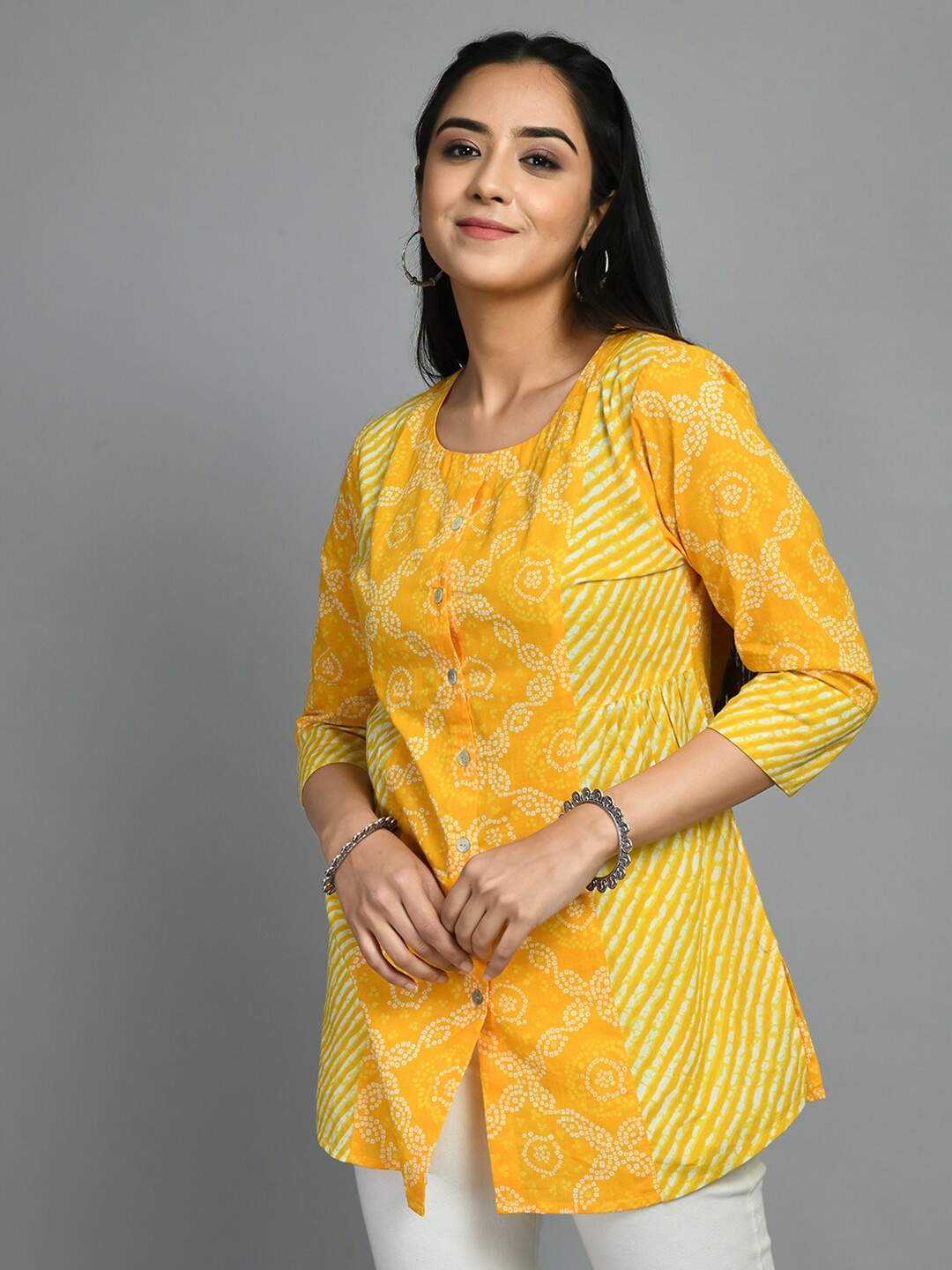 

MEESAN Printed Round Neck Cotton Tunic, Yellow