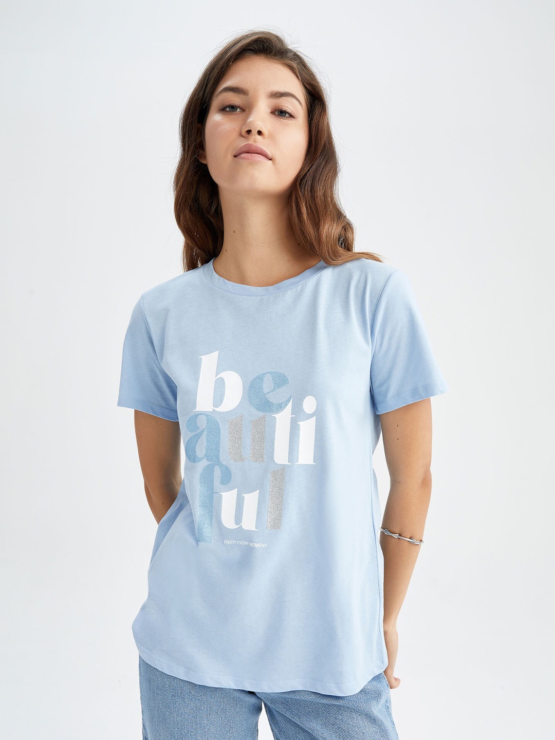 

DeFacto Typography Printed Pure Cotton T-shirt, Blue