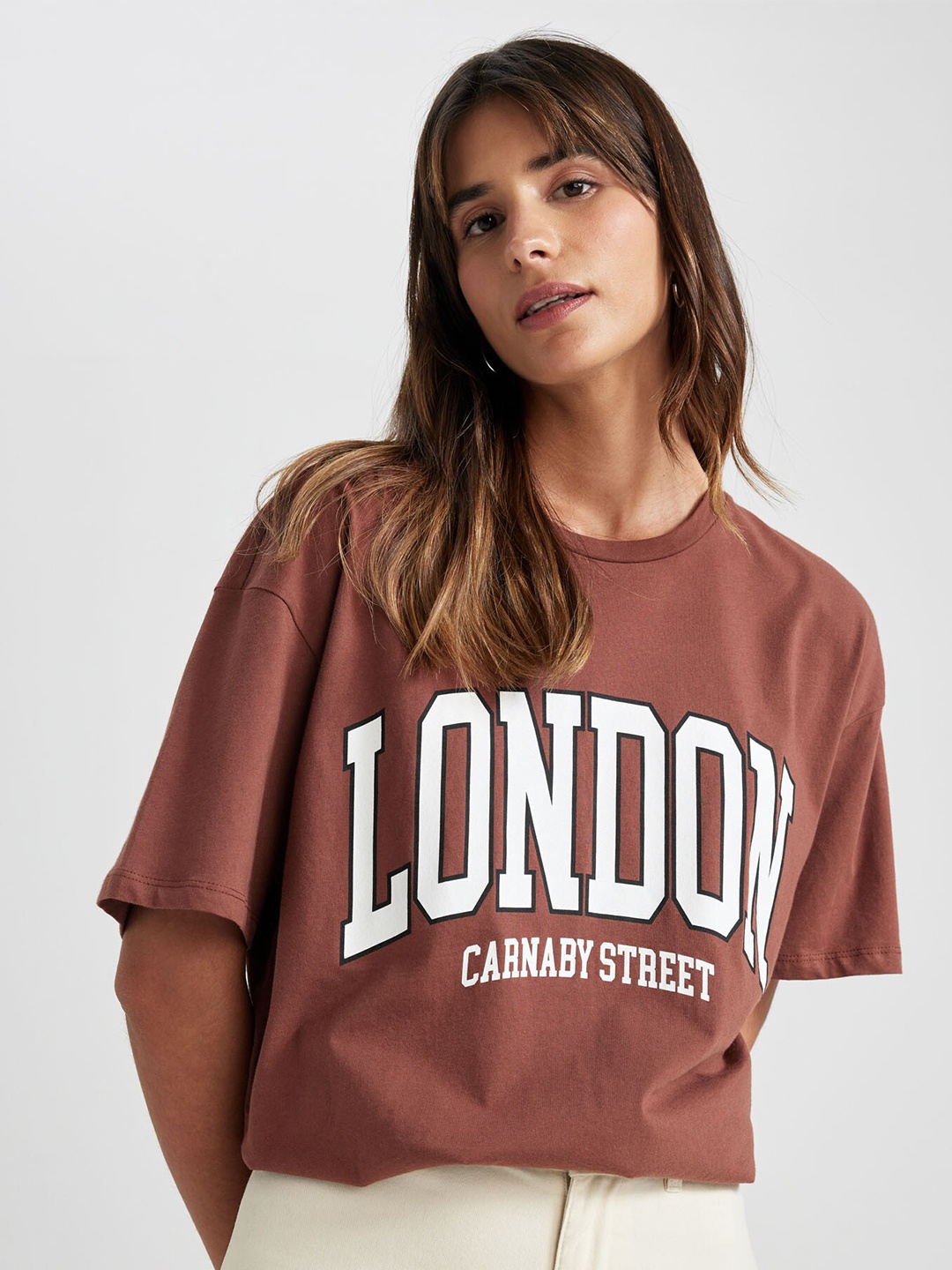 DeFacto Drop Shoulder Sleeves Pure Cotton T-shirt, Brown