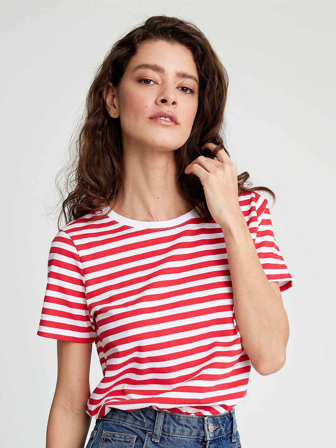 

DeFacto Striped Round Neck Pure Cotton T-shirt, Red