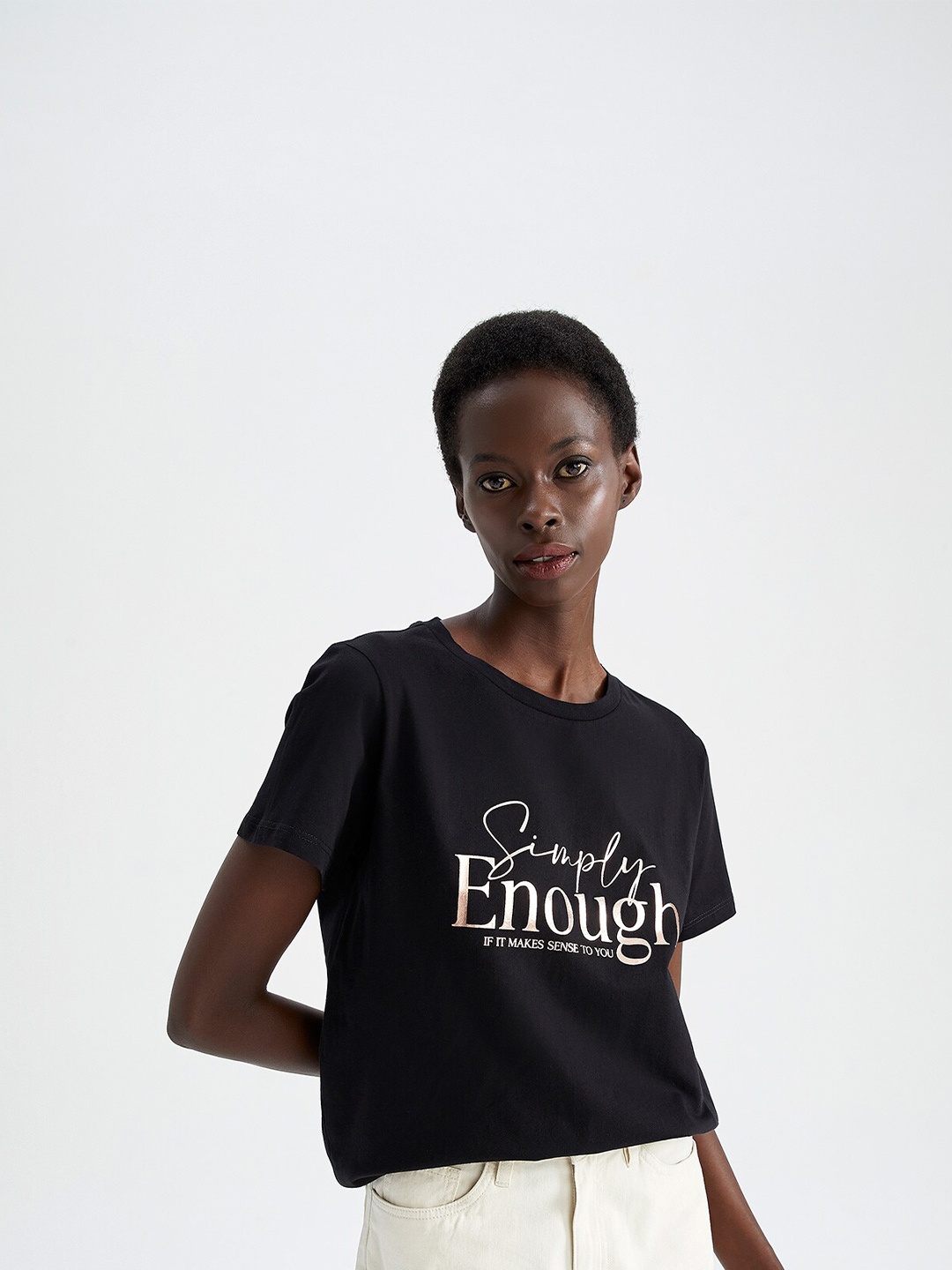 

DeFacto Typography Printed Pure Cotton T-shirt, Black