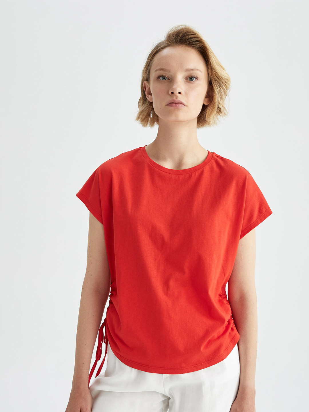 

DeFacto Dolman Sleeve Lace Up Pure Cotton T-shirt, Red