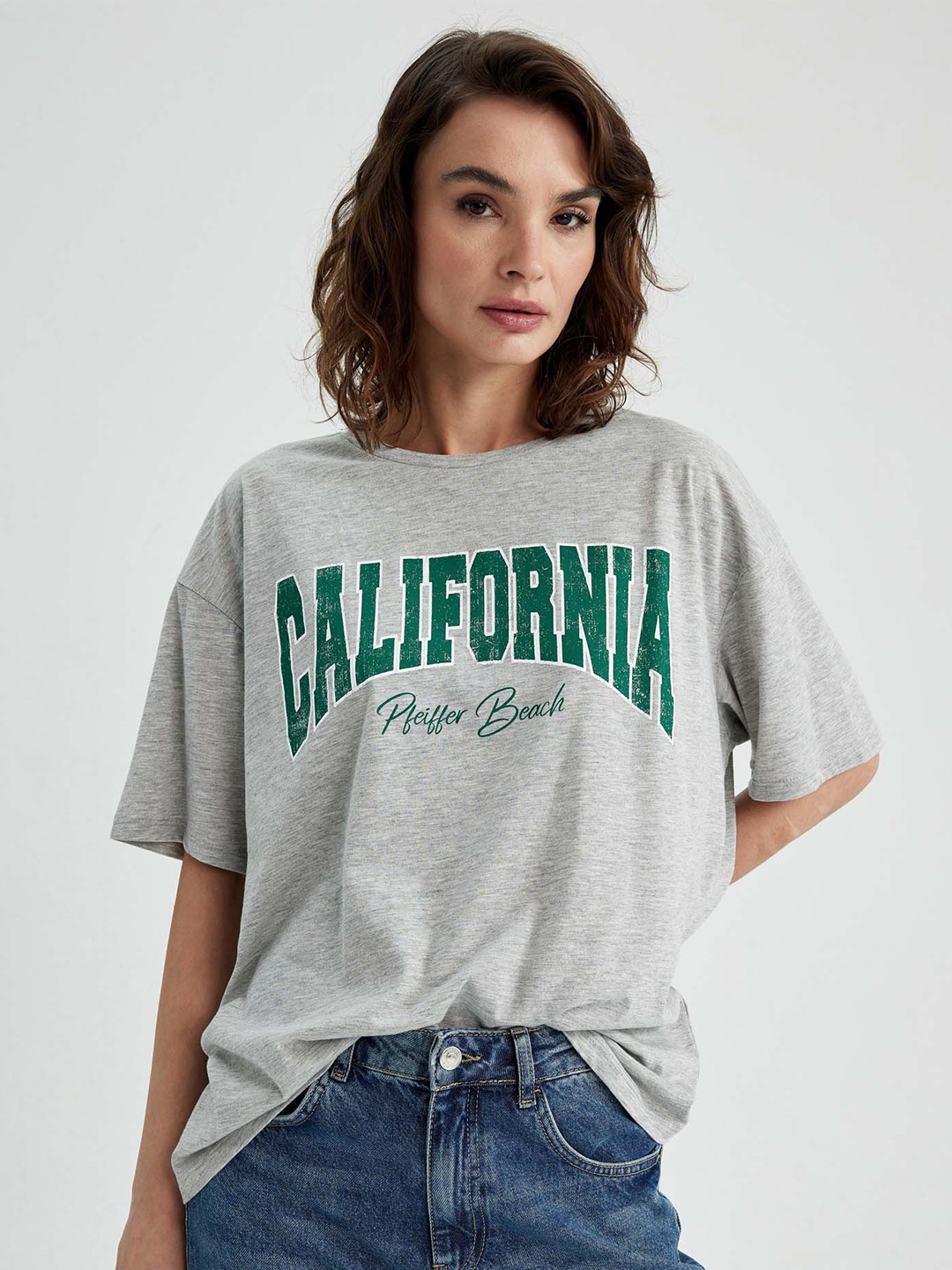 

DeFacto Typography Printed Drop Shoulder Oversize Fit T-shirt, Grey melange