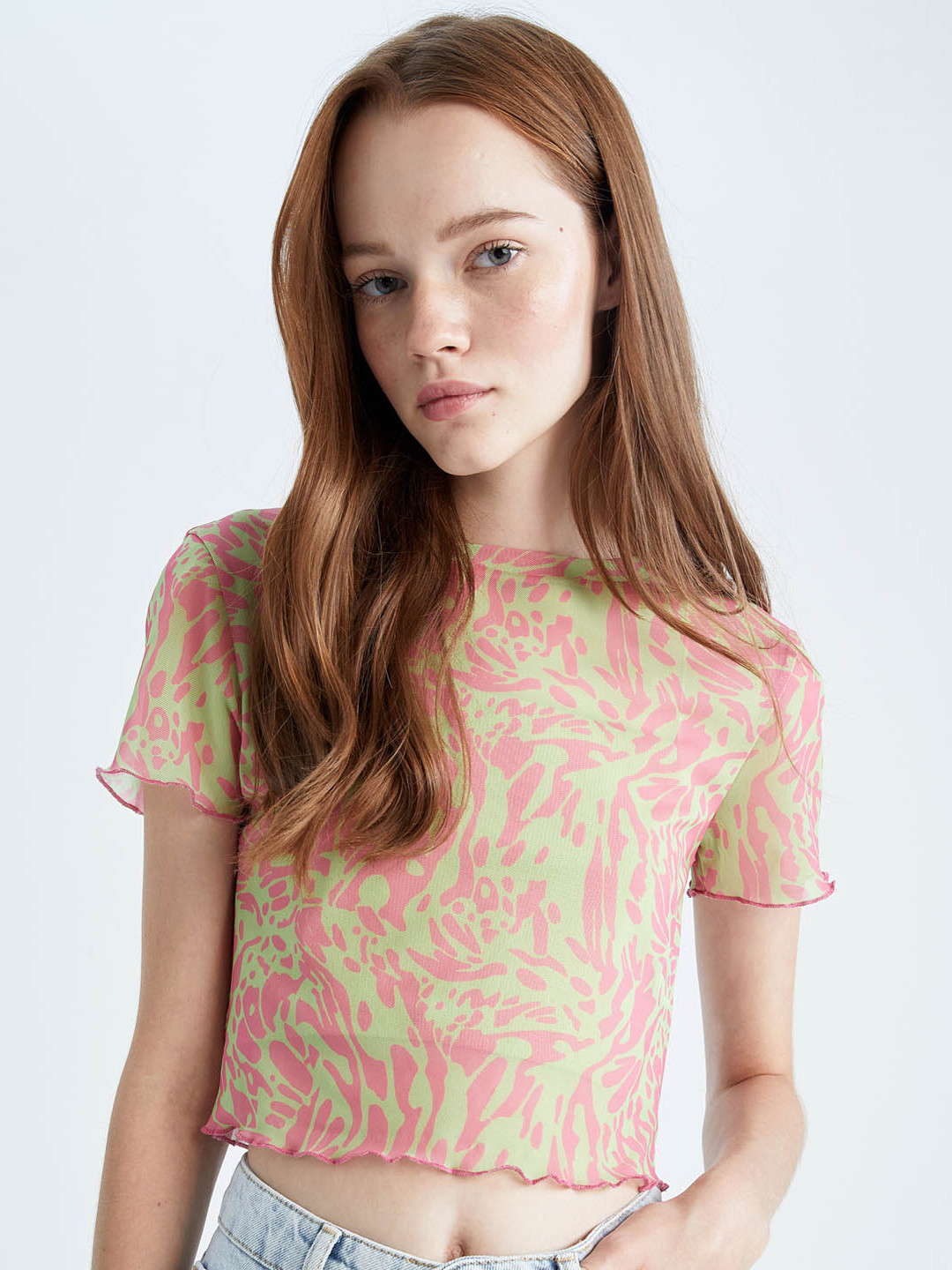 

DeFacto Abstract Printed Sheer Crop Top, Green