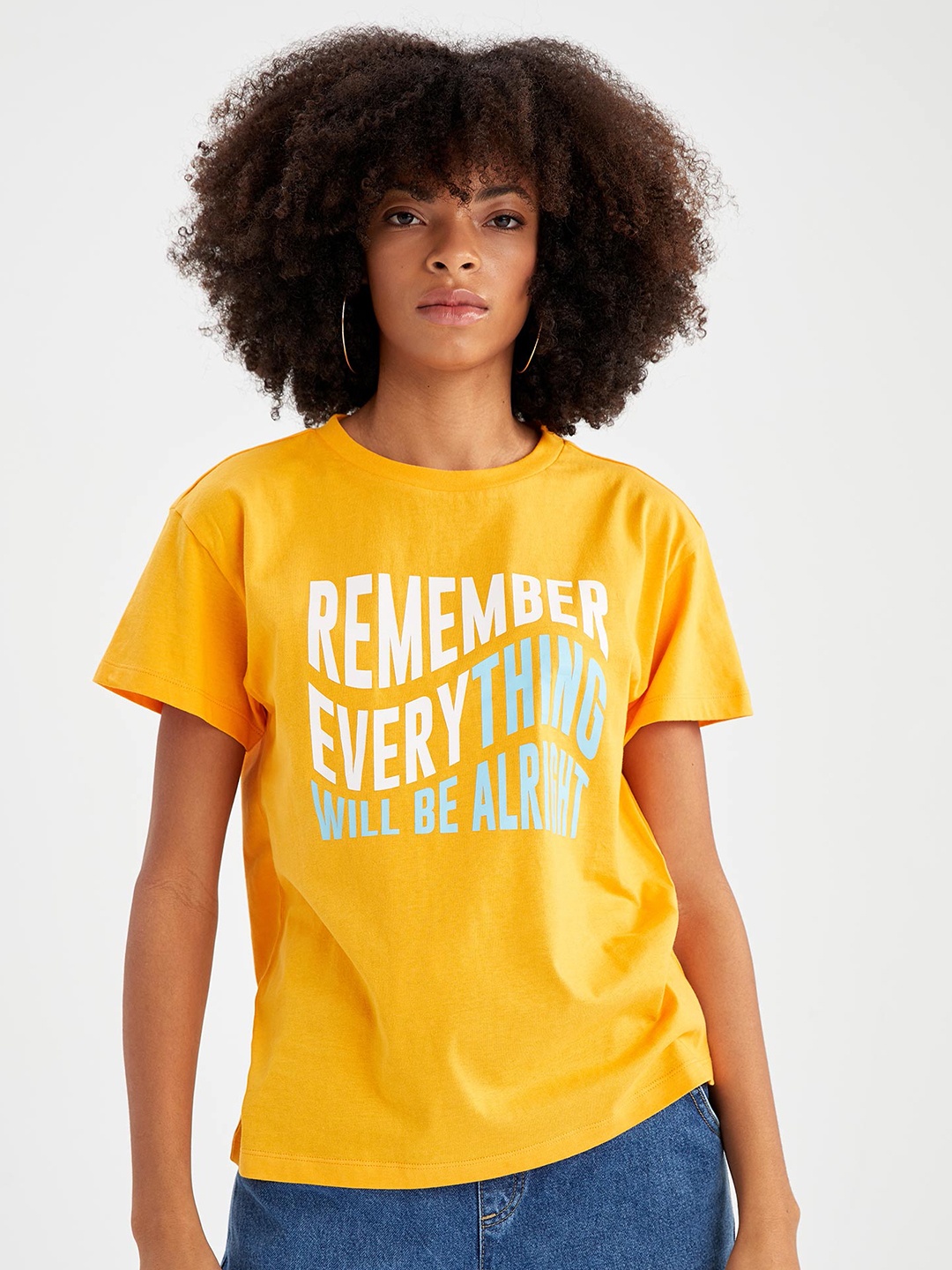 

DeFacto Typography Printed Pure Cotton T-shirt, Yellow