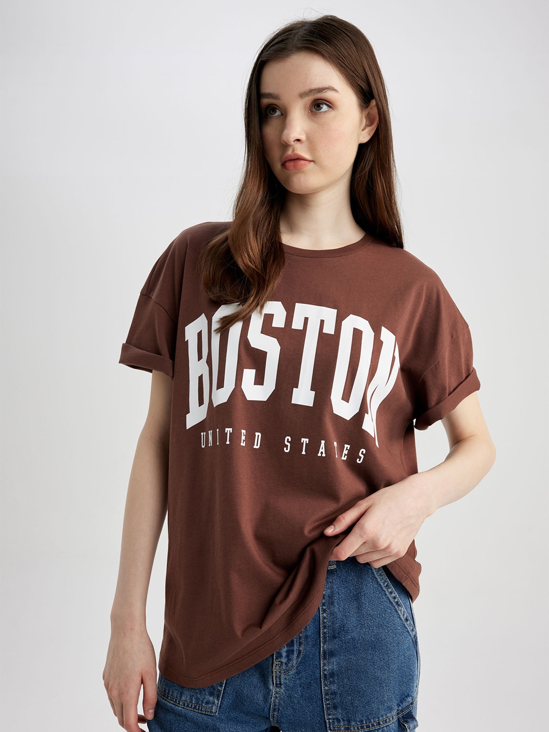 

DeFacto Typography Printed Drop Shoulder Pure Cotton Loose Fit T-shirt, Brown