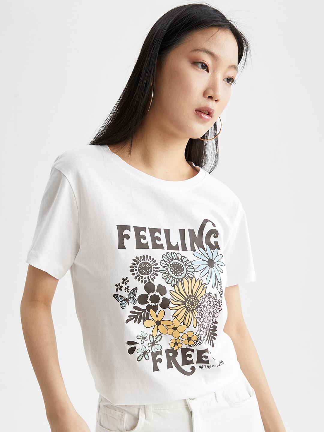 

DeFacto Floral Printed Pure Cotton T-shirt, White