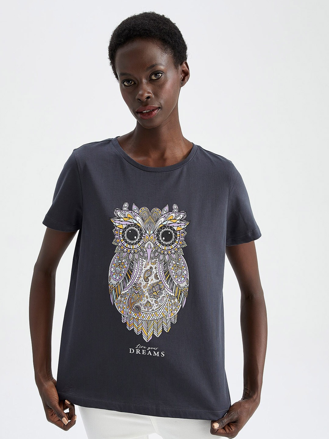 

DeFacto Graphic Printed Pure Cotton T-shirt, Grey