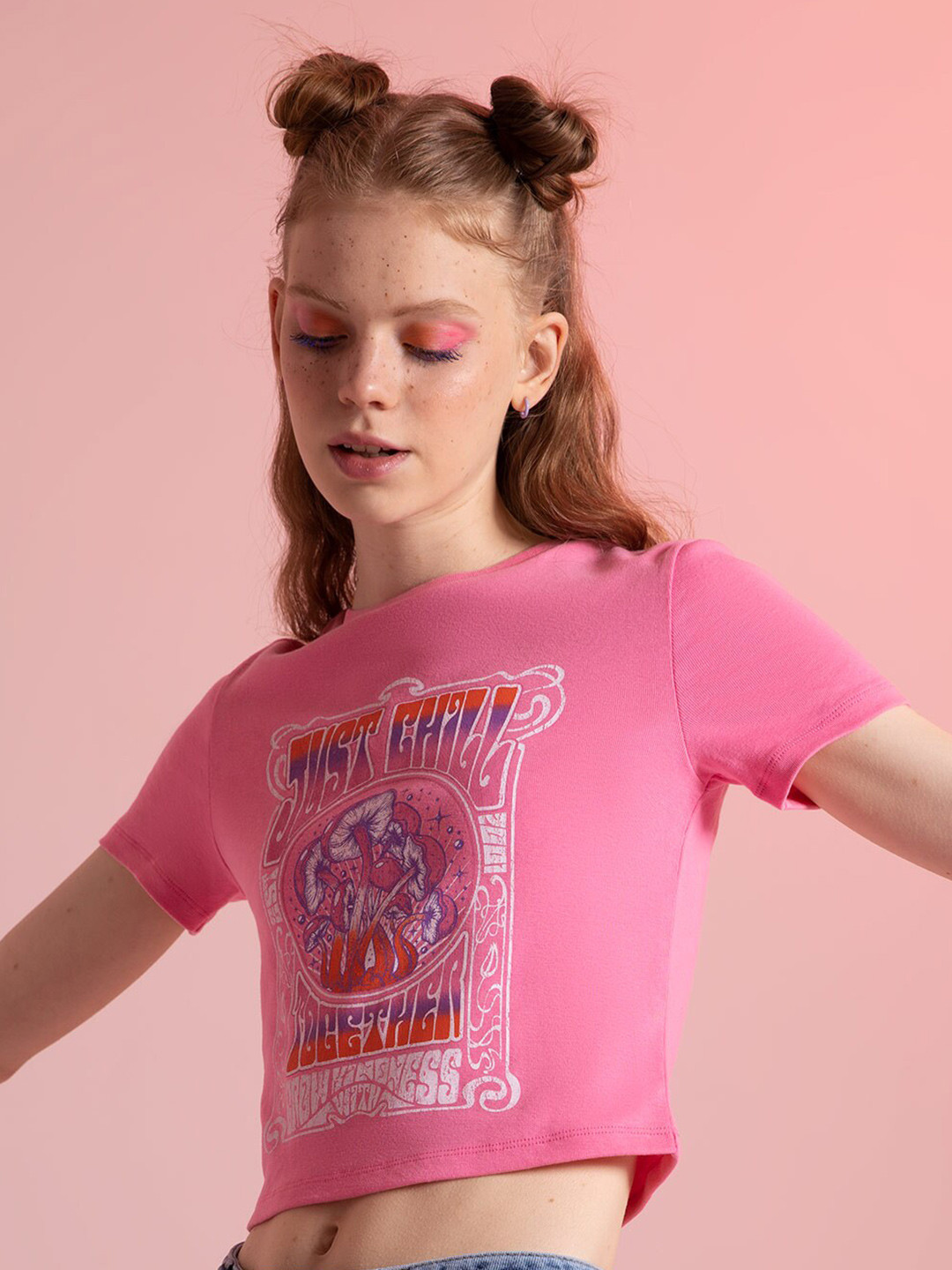 

DeFacto Graphic Printed Crop Pure Cotton T-shirt, Pink