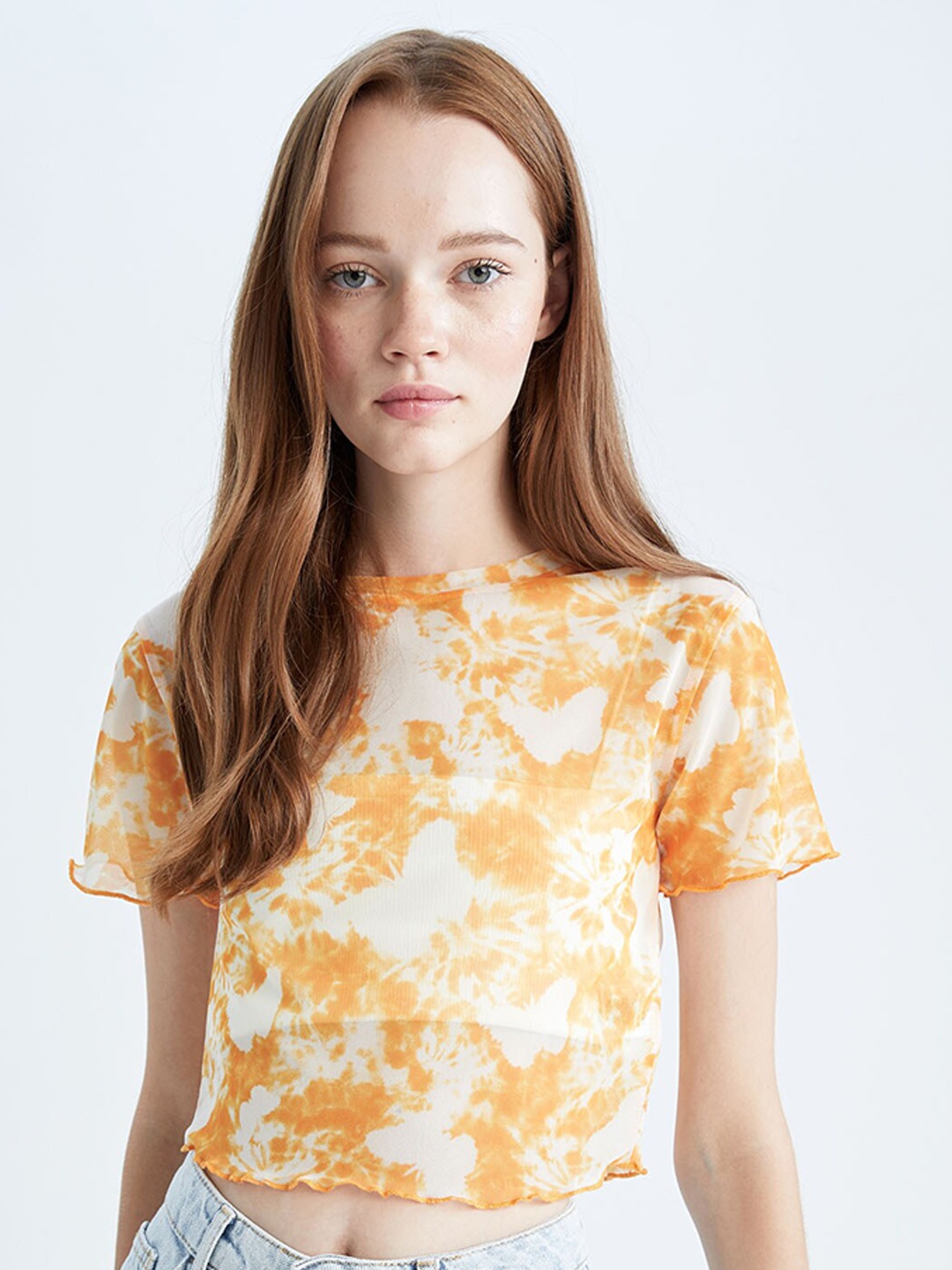 

DeFacto Tie & Dye Round Neck Sheer Crop Top, Orange