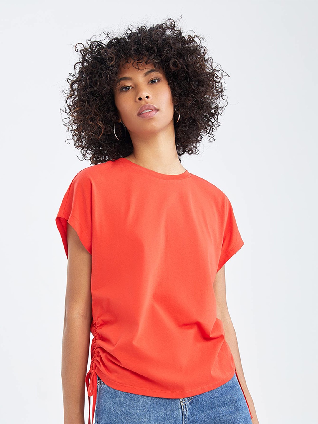 

DeFacto Round Neck Extended Sleeves Pure Cotton T-shirt, Orange